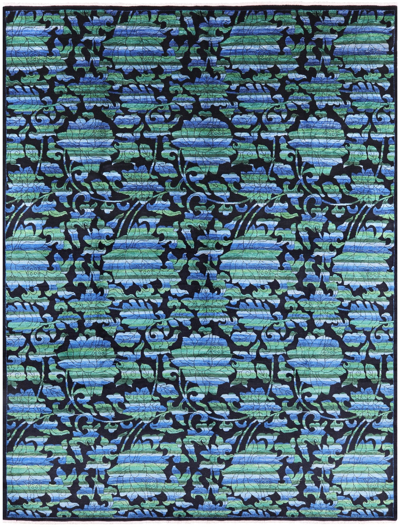 Black William Morris Rose Garden Hand Knotted Wool Area Rug - 9' 1" X 12' 3" - Golden Nile