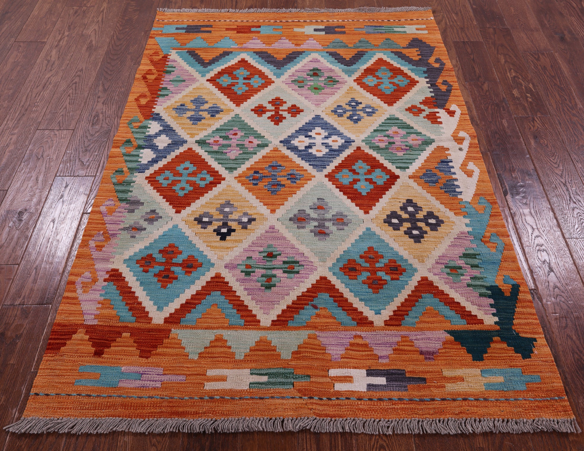 Reversible Kilim Flat Weave Wool On Wool Rug - 4' 0" X 5' 10" - Golden Nile