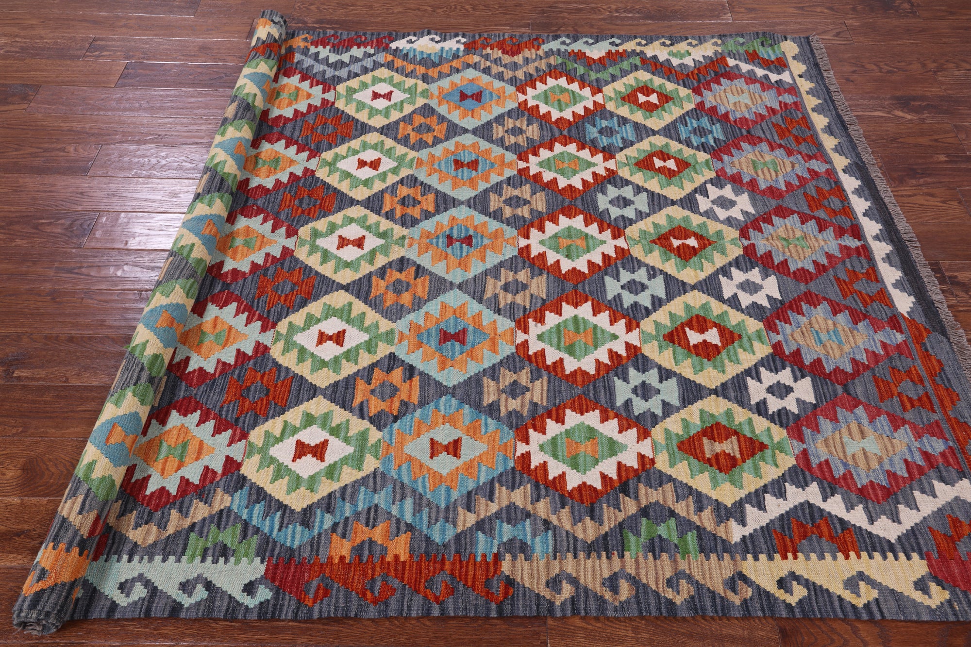 Reversible Kilim Flat Weave Wool On Wool Rug - 5' 11" X 7' 8" - Golden Nile