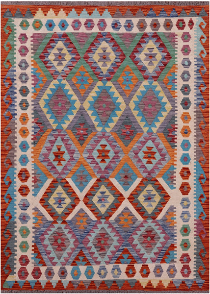 Reversible Kilim Flat Weave Wool On Wool Rug - 4' 11" X 6' 7" - Golden Nile