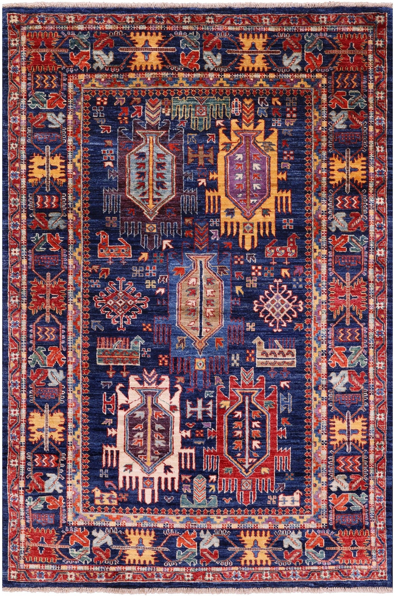 Blue Persian Fine Serapi Hand Knotted Wool Rug - 4' 0" X 5' 11" - Golden Nile