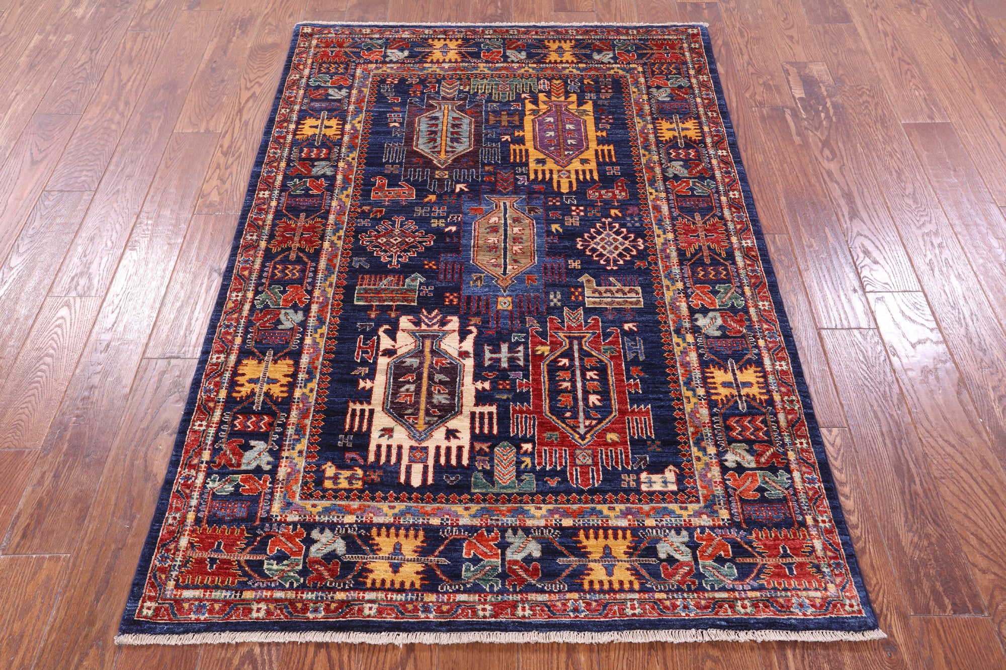 Blue Persian Fine Serapi Hand Knotted Wool Rug - 4' 0" X 5' 11" - Golden Nile