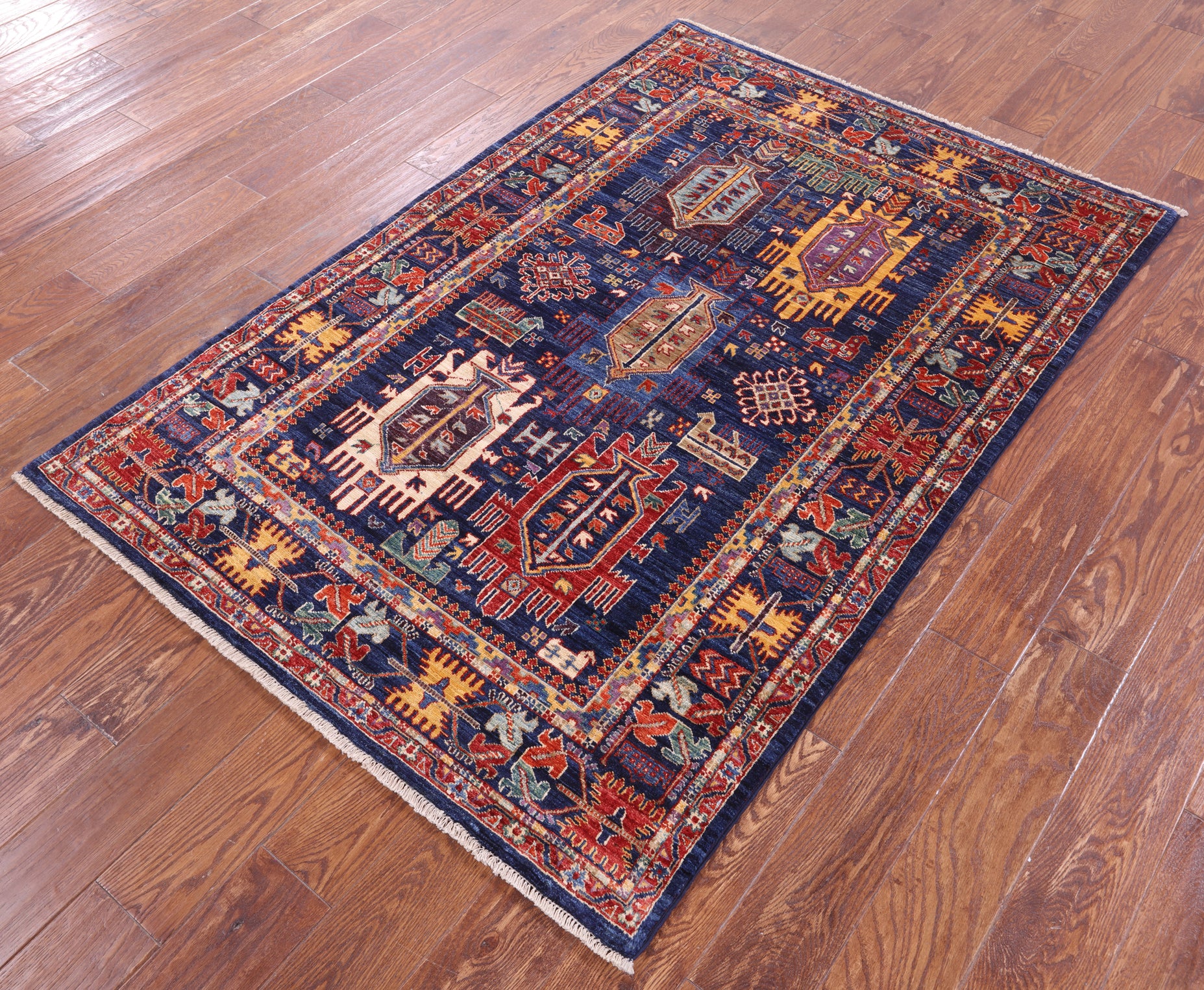 Blue Persian Fine Serapi Hand Knotted Wool Rug - 4' 0" X 5' 11" - Golden Nile