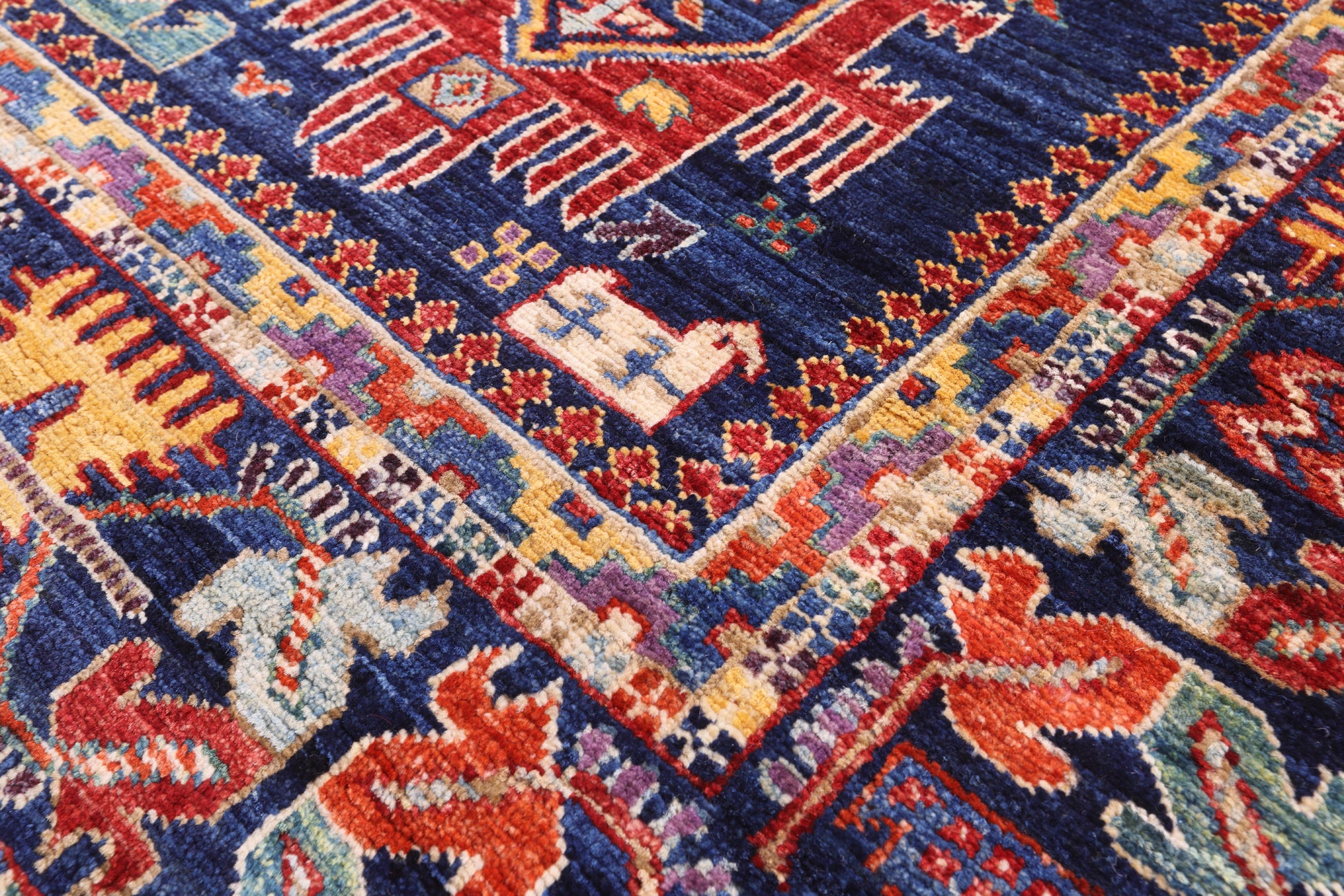 Blue Persian Fine Serapi Hand Knotted Wool Rug - 4' 0" X 5' 11" - Golden Nile