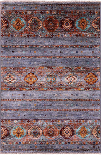 Grey Khorjin Persian Gabbeh Hand Knotted Wool Rug - 3' 4" X 5' 2" - Golden Nile