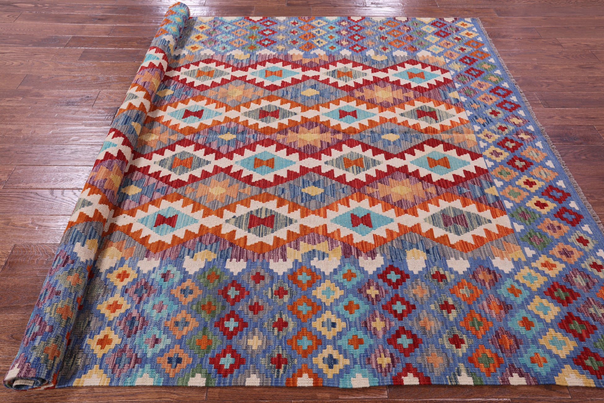 Reversible Kilim Flat Weave Wool On Wool Rug - 6' 11" X 9' 8" - Golden Nile