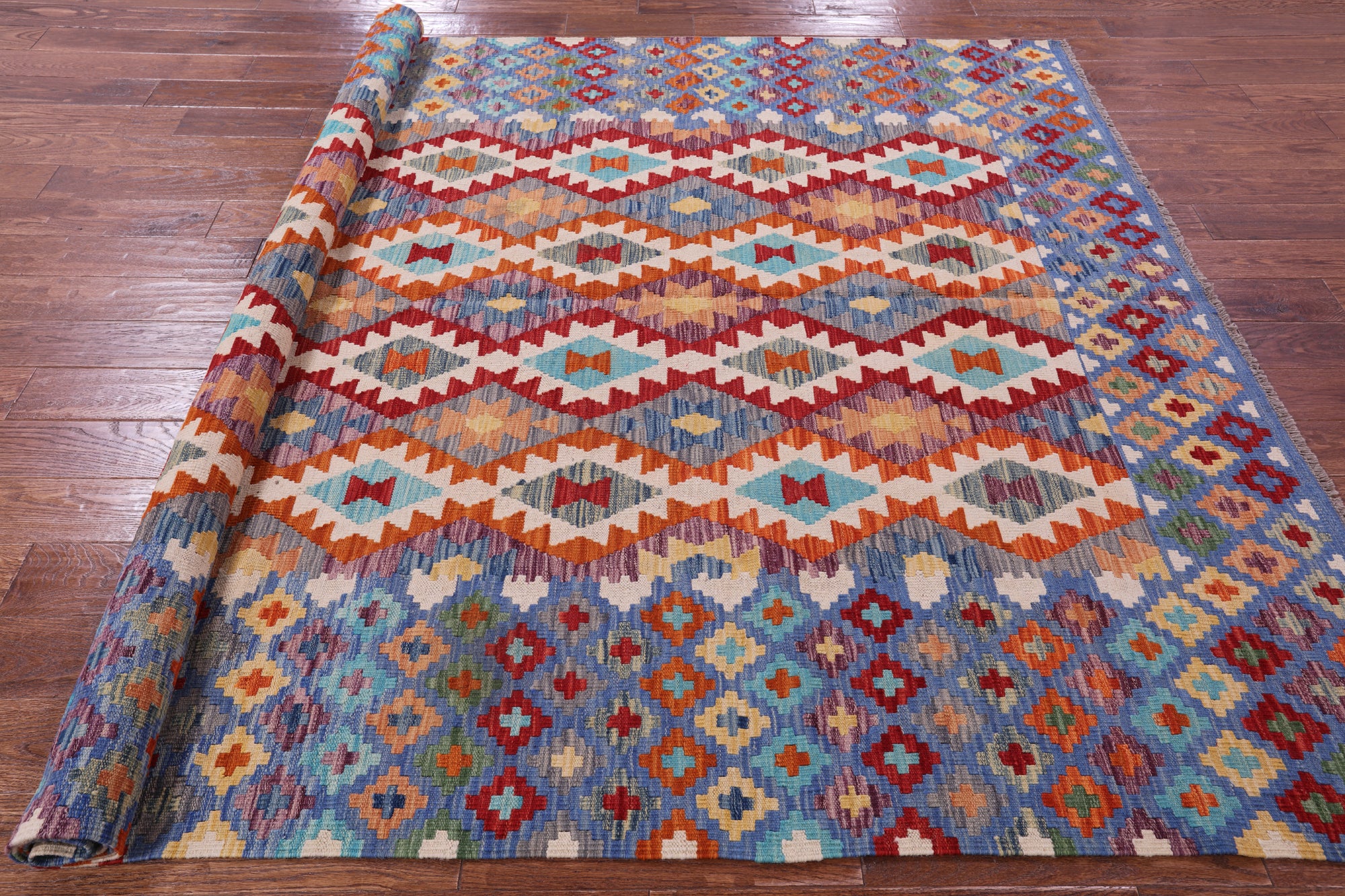 Reversible Kilim Flat Weave Wool On Wool Rug - 6' 11" X 9' 8" - Golden Nile