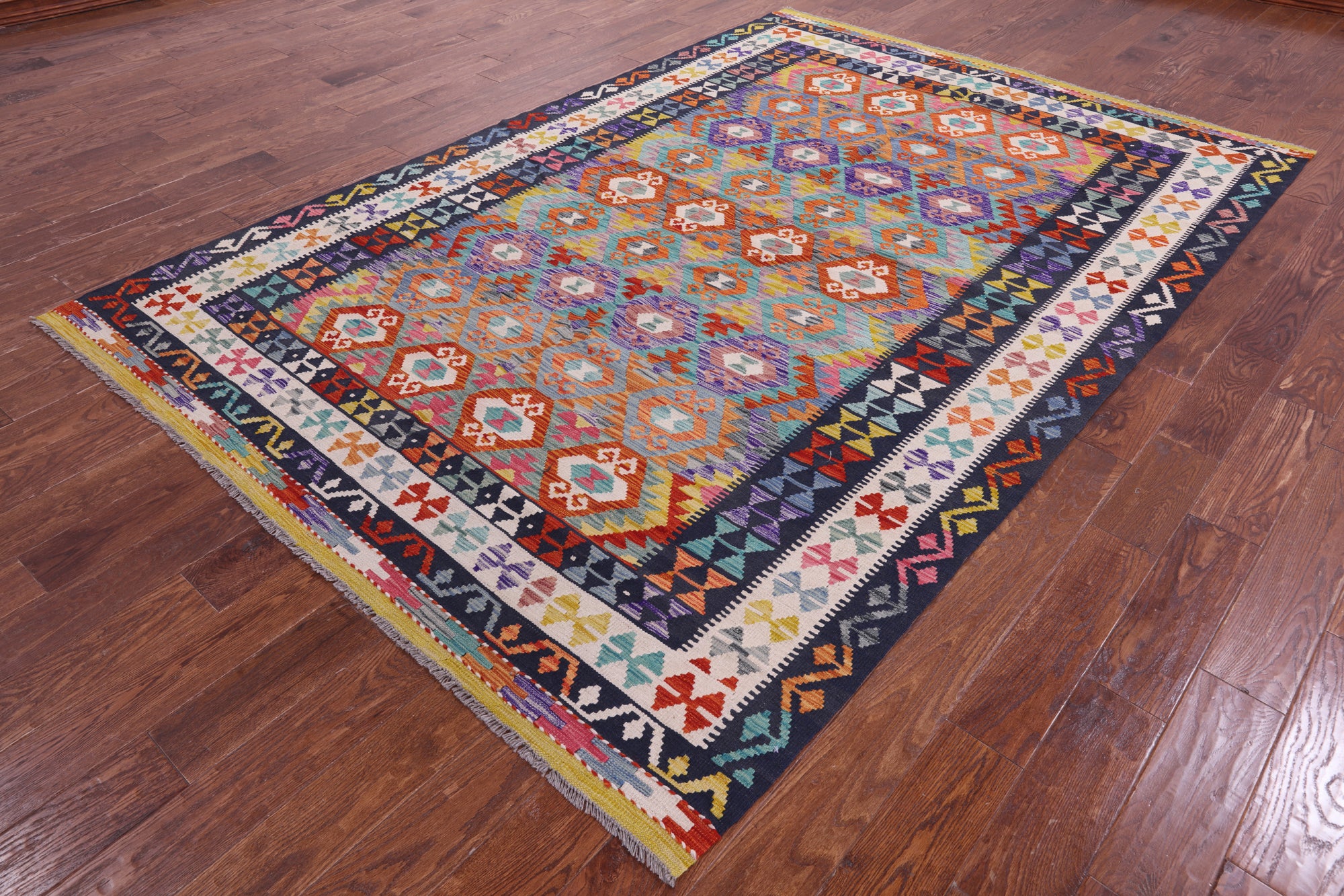 Reversible Kilim Flat Weave Wool On Wool Rug - 6' 8" X 9' 9" - Golden Nile