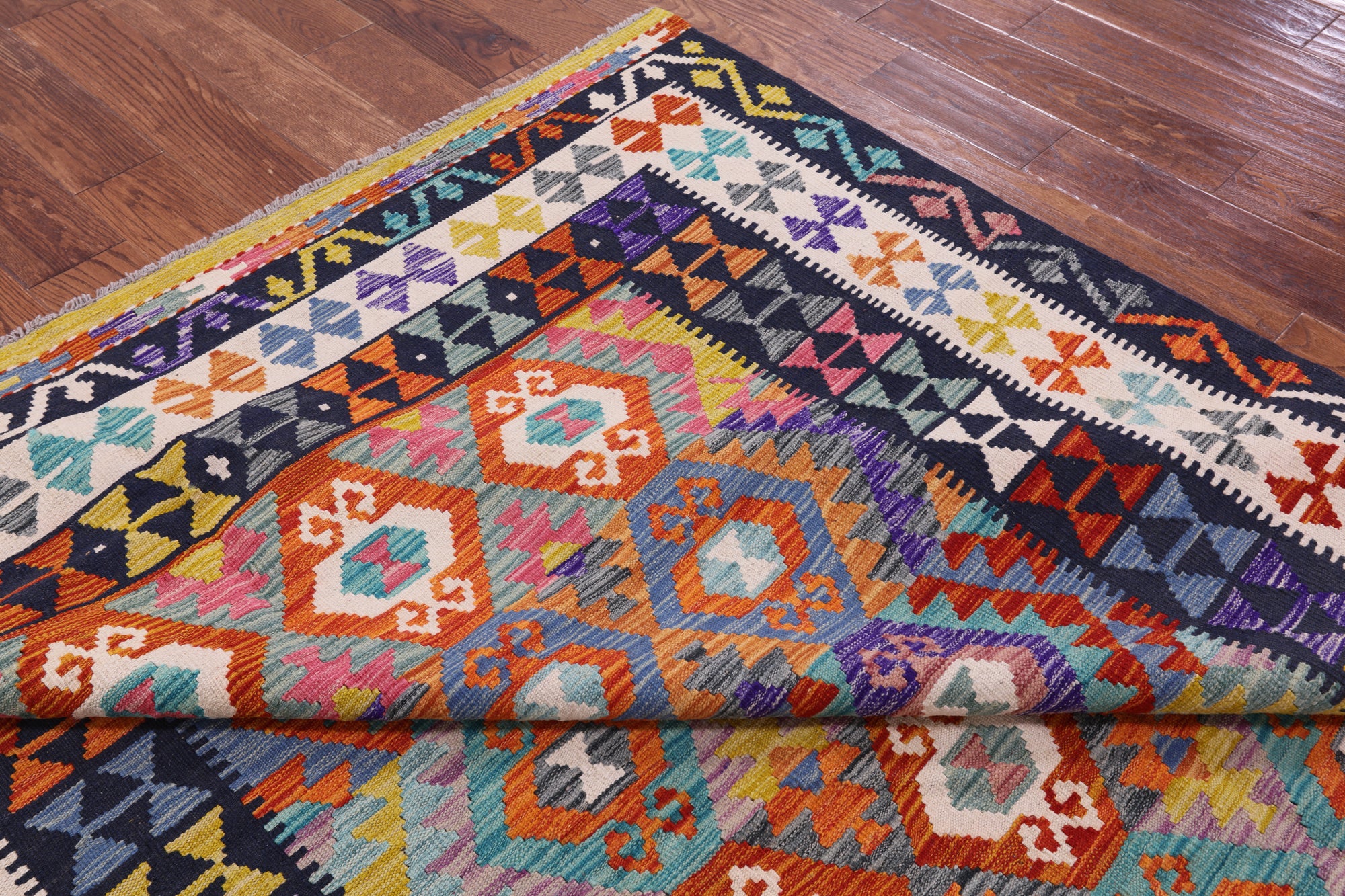 Reversible Kilim Flat Weave Wool On Wool Rug - 6' 8" X 9' 9" - Golden Nile
