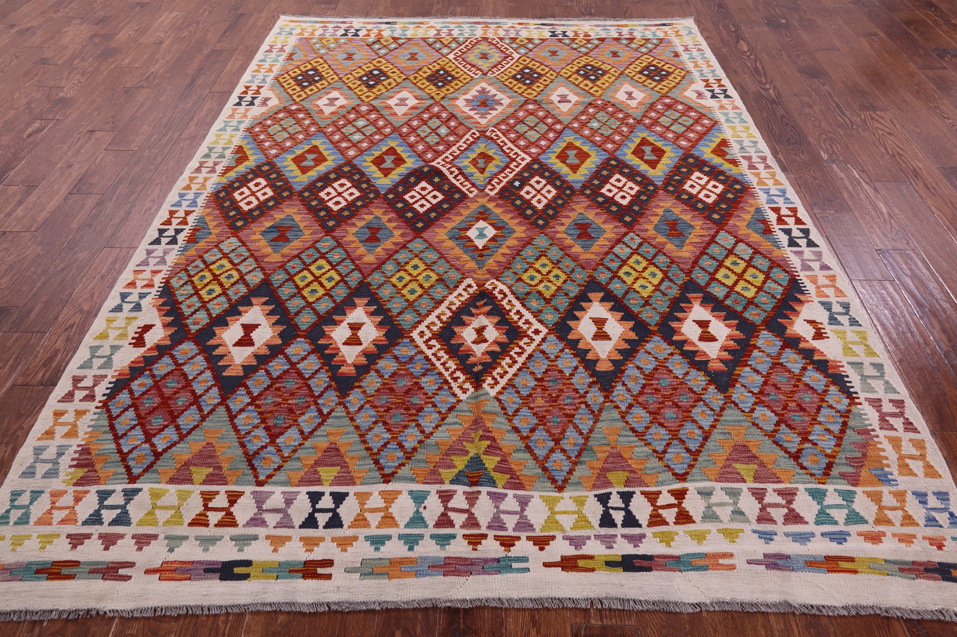 Reversible Kilim Flat Weave Wool On Wool Rug - 7' 1" X 9' 6" - Golden Nile