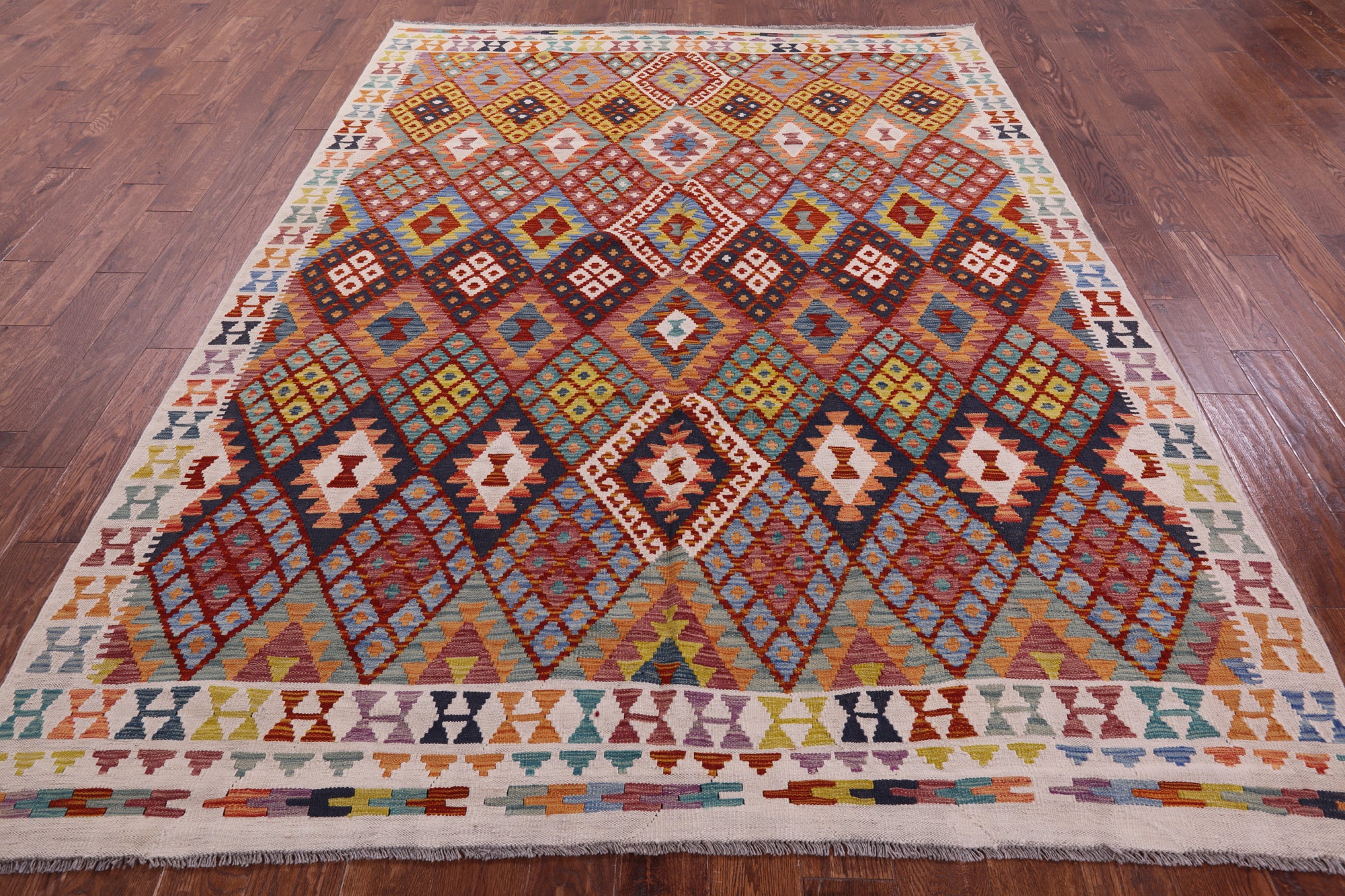 Reversible Kilim Flat Weave Wool On Wool Rug - 7' 1" X 9' 6" - Golden Nile