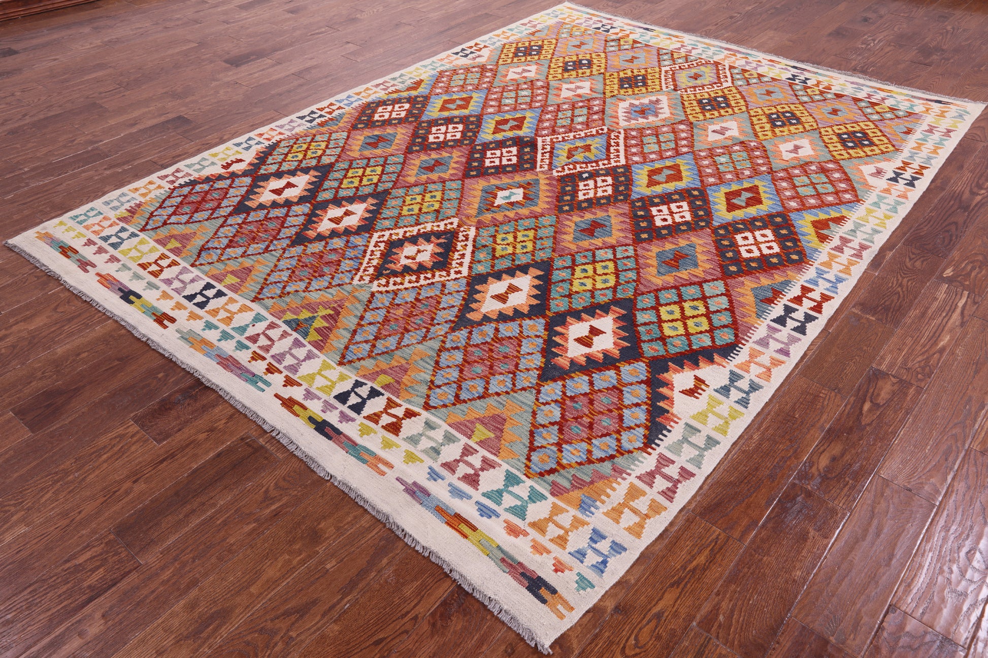 Reversible Kilim Flat Weave Wool On Wool Rug - 7' 1" X 9' 6" - Golden Nile