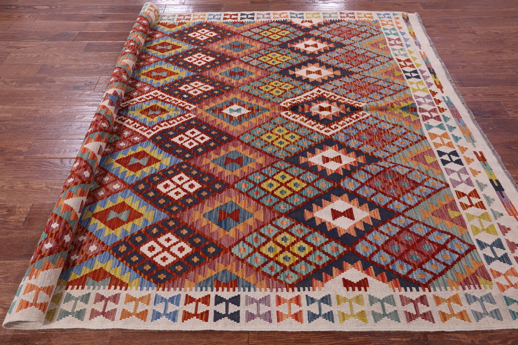 Reversible Kilim Flat Weave Wool On Wool Rug - 7' 1" X 9' 6" - Golden Nile