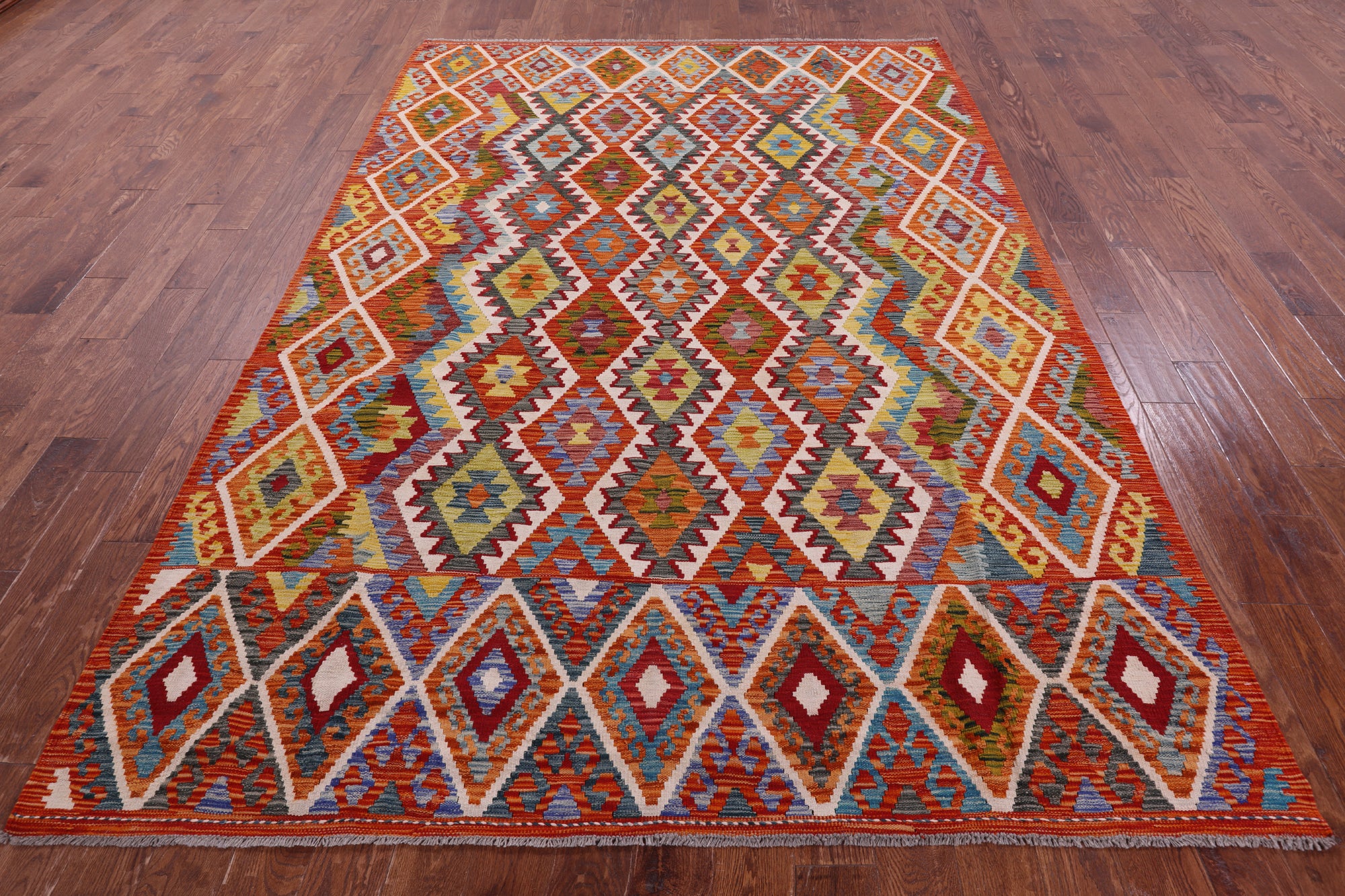 Reversible Kilim Flat Weave Wool On Wool Rug - 7' 0" X 9' 9" - Golden Nile