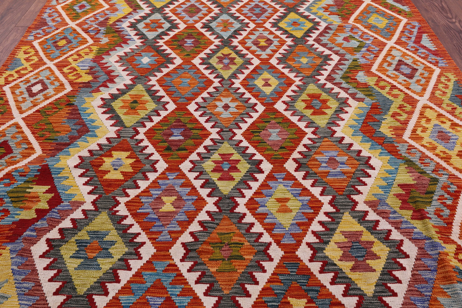 Reversible Kilim Flat Weave Wool On Wool Rug - 7' 0" X 9' 9" - Golden Nile