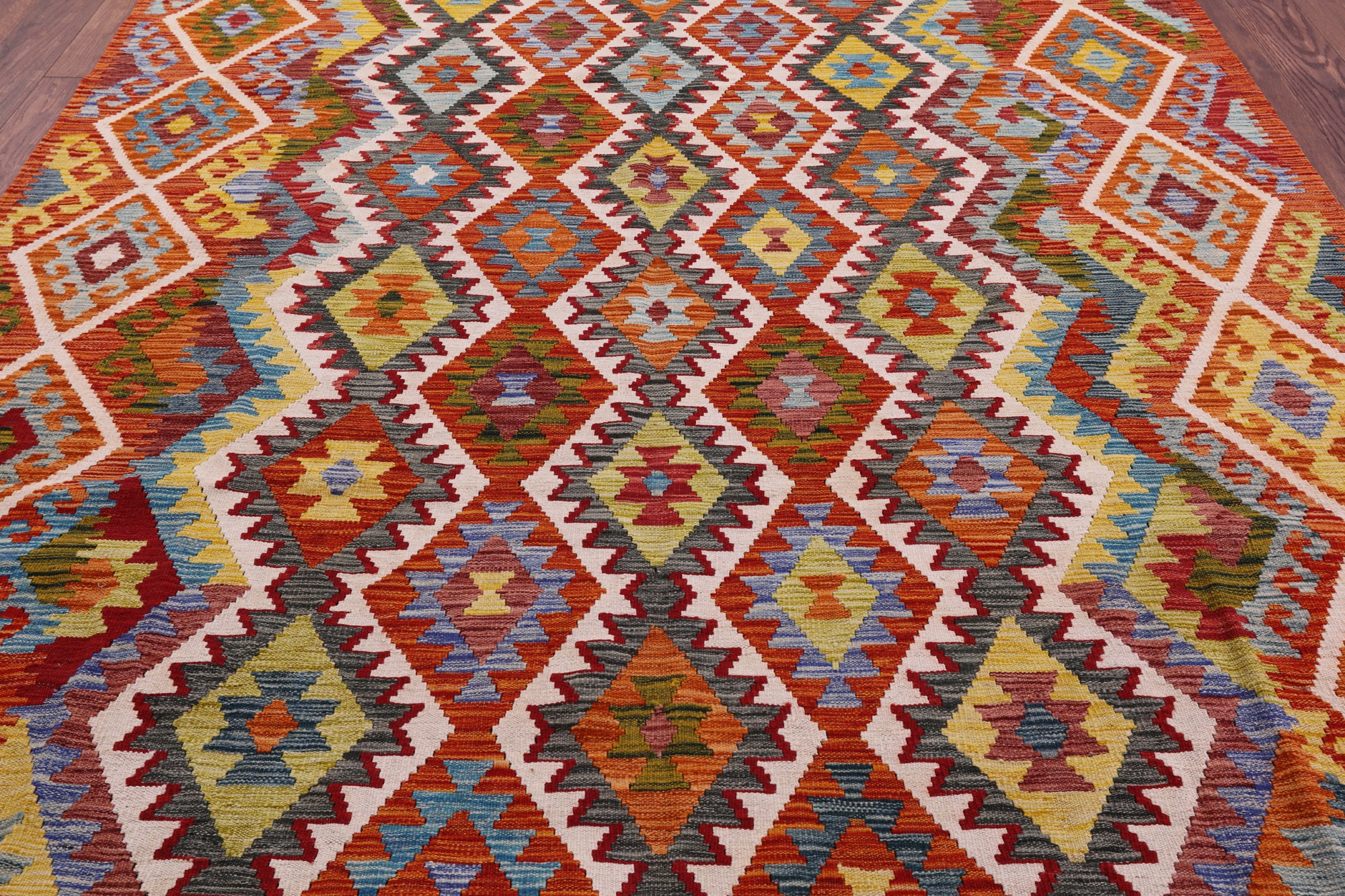 Reversible Kilim Flat Weave Wool On Wool Rug - 7' 0" X 9' 9" - Golden Nile