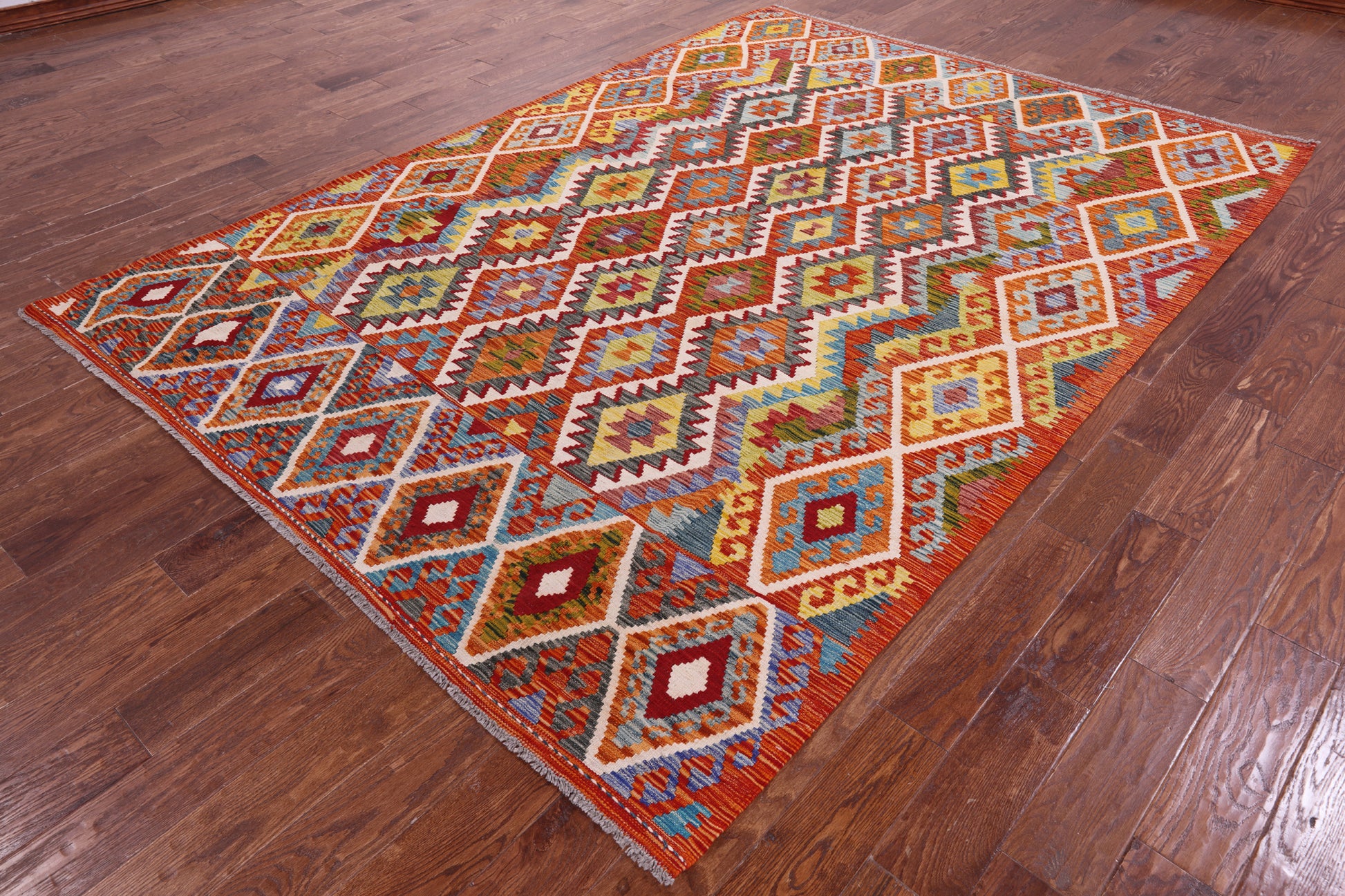 Reversible Kilim Flat Weave Wool On Wool Rug - 7' 0" X 9' 9" - Golden Nile