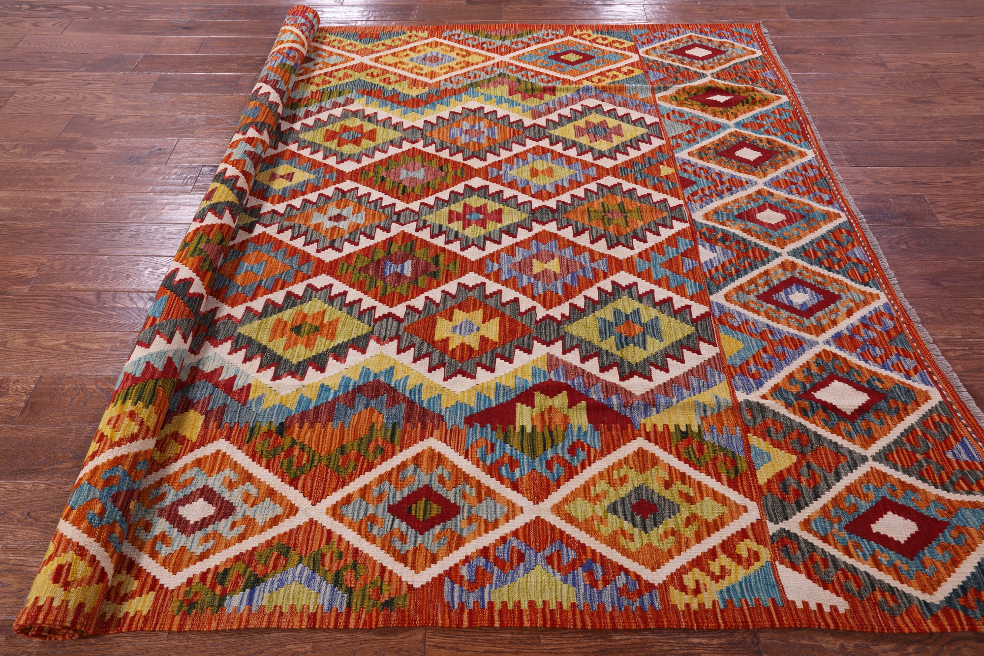 Reversible Kilim Flat Weave Wool On Wool Rug - 7' 0" X 9' 9" - Golden Nile