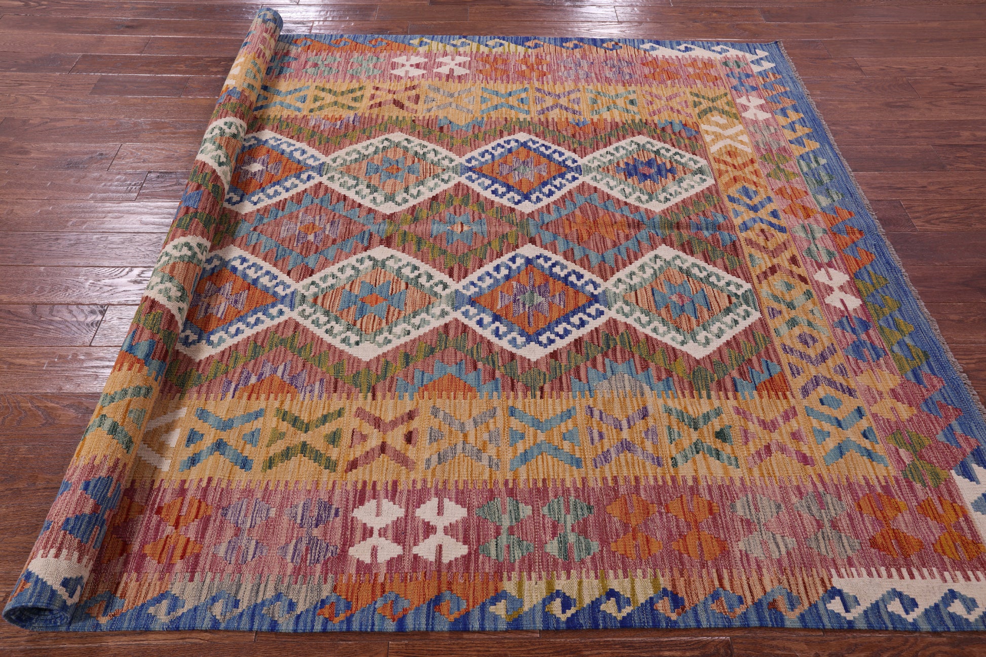 Reversible Kilim Flat Weave Wool On Wool Rug - 6' 8" X 9' 9" - Golden Nile
