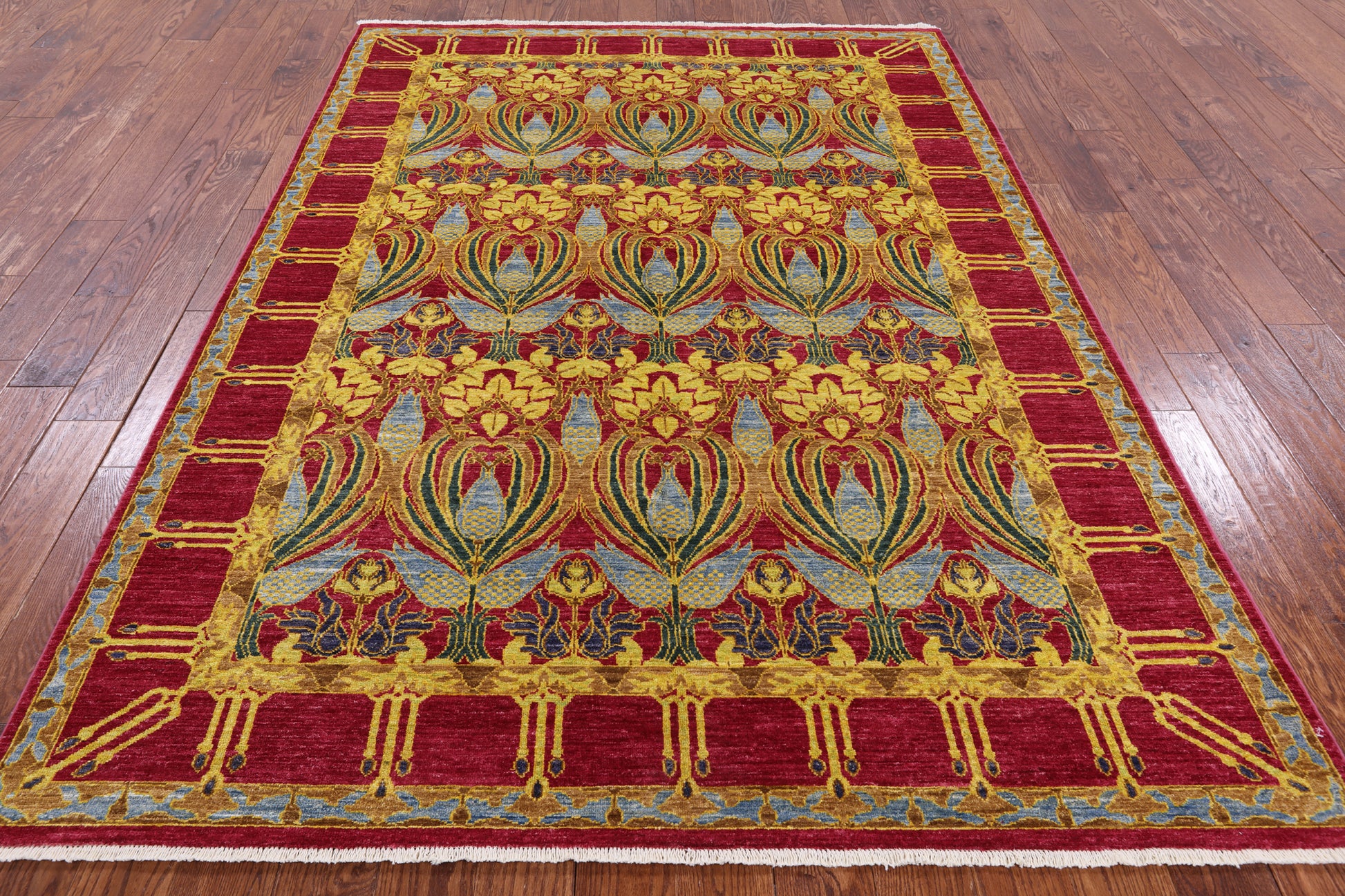 Pink William Morris Hand Knotted Wool Area Rug - 6' 4" X 8' 10" - Golden Nile