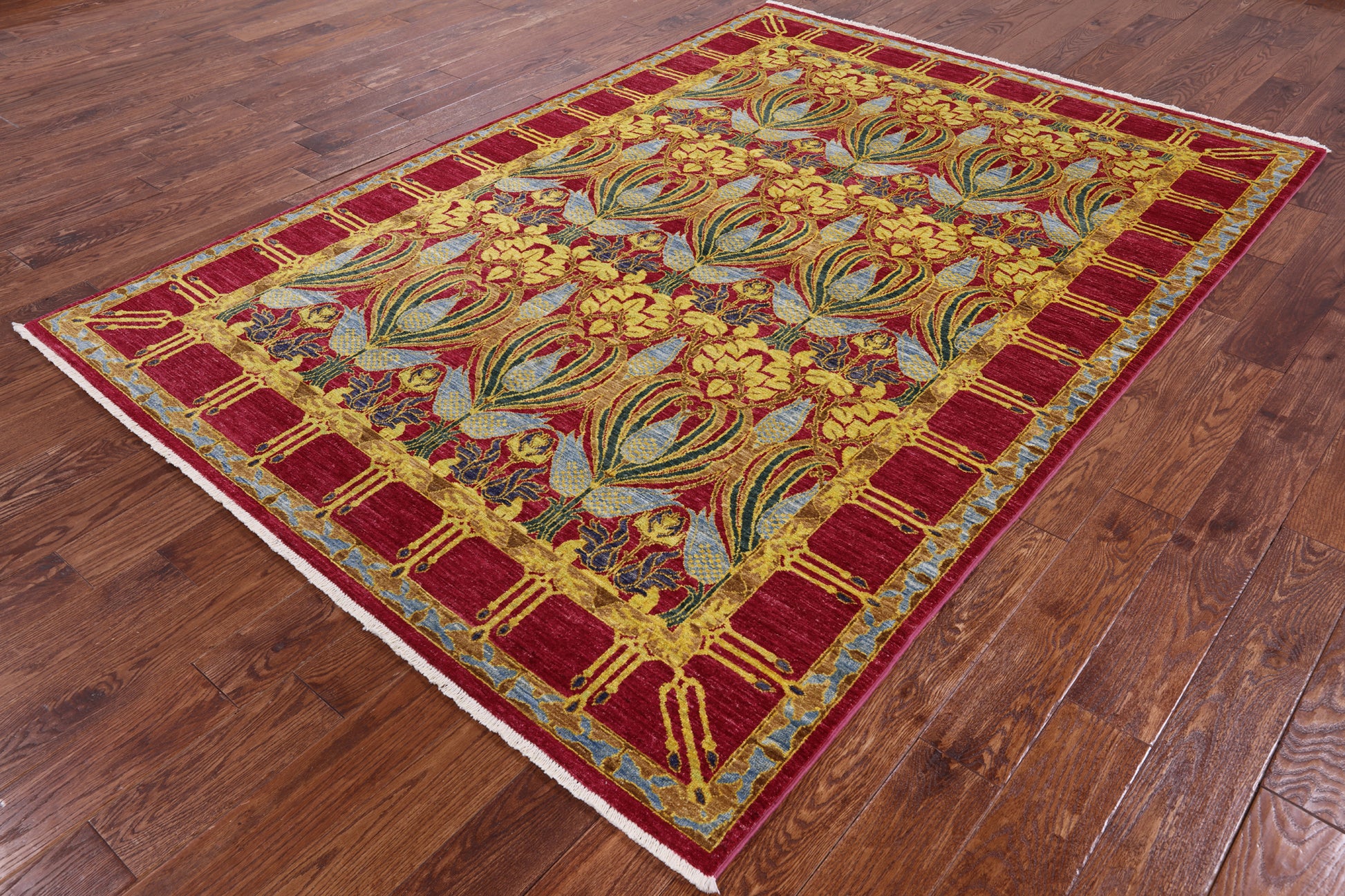Pink William Morris Hand Knotted Wool Area Rug - 6' 4" X 8' 10" - Golden Nile
