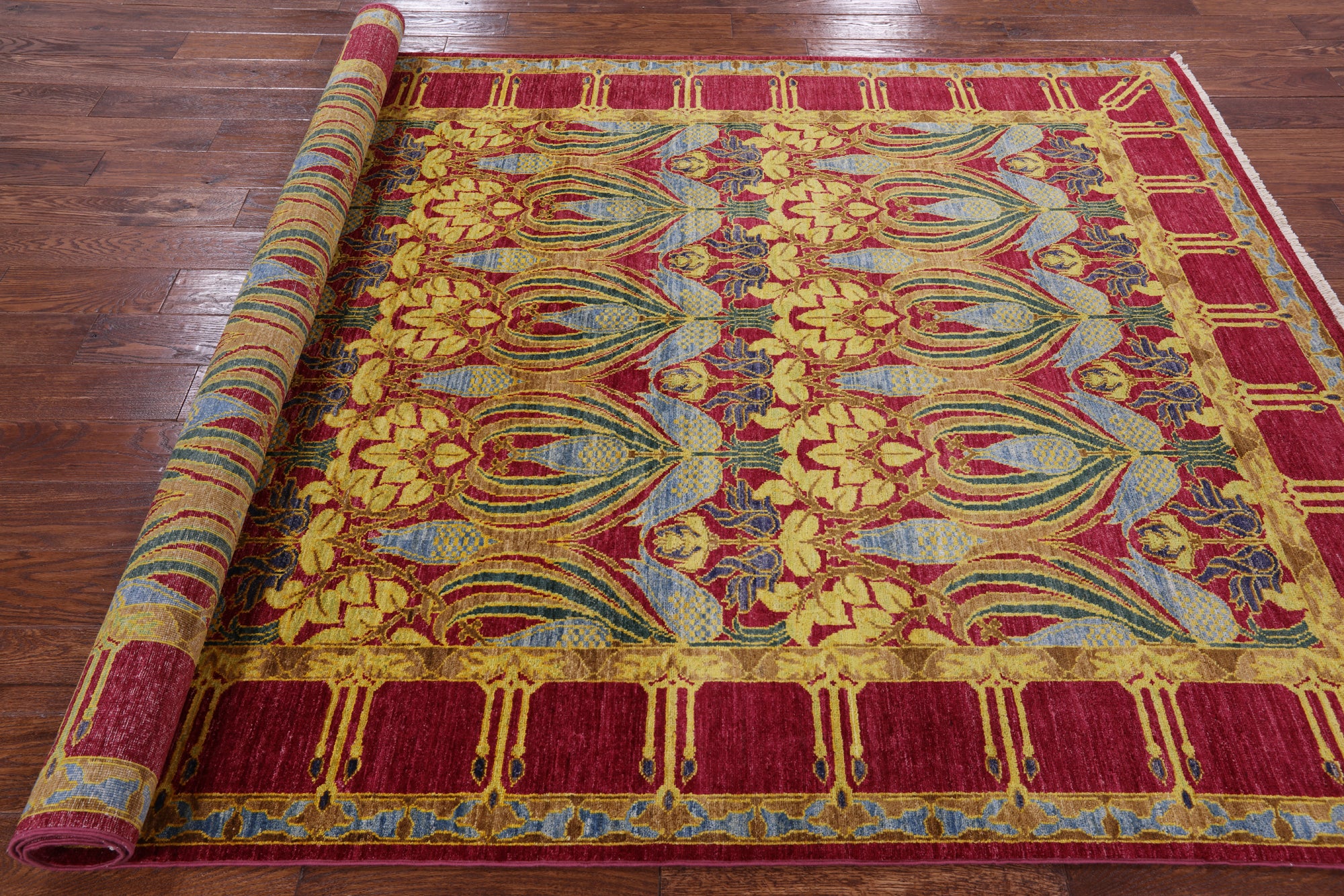 Pink William Morris Hand Knotted Wool Area Rug - 6' 4" X 8' 10" - Golden Nile