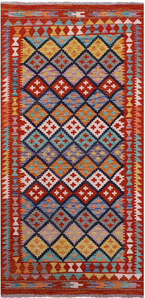 Reversible Kilim Flat Weave Wool On Wool Runner Rug - 3' 4" X 6' 10" - Golden Nile