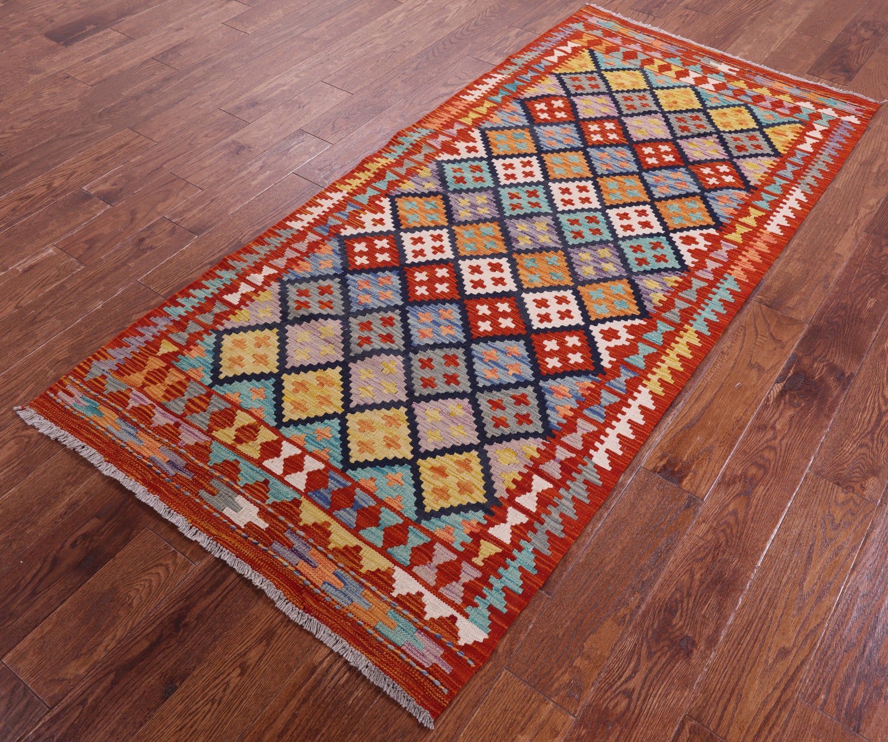 Reversible Kilim Flat Weave Wool On Wool Runner Rug - 3' 4" X 6' 10" - Golden Nile