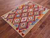 Reversible Kilim Flat Weave Wool On Wool Rug - 3' 5" X 4' 11" - Golden Nile