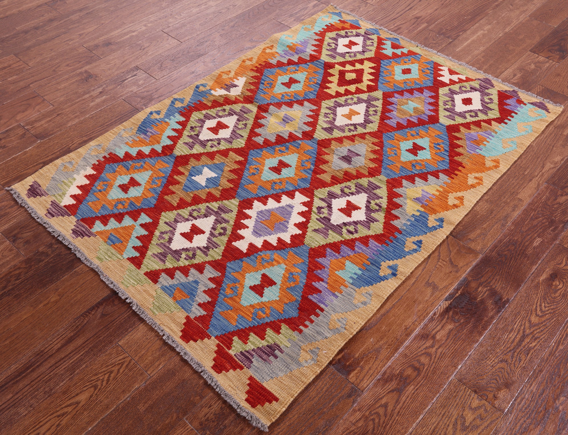 Reversible Kilim Flat Weave Wool On Wool Rug - 3' 5" X 4' 11" - Golden Nile
