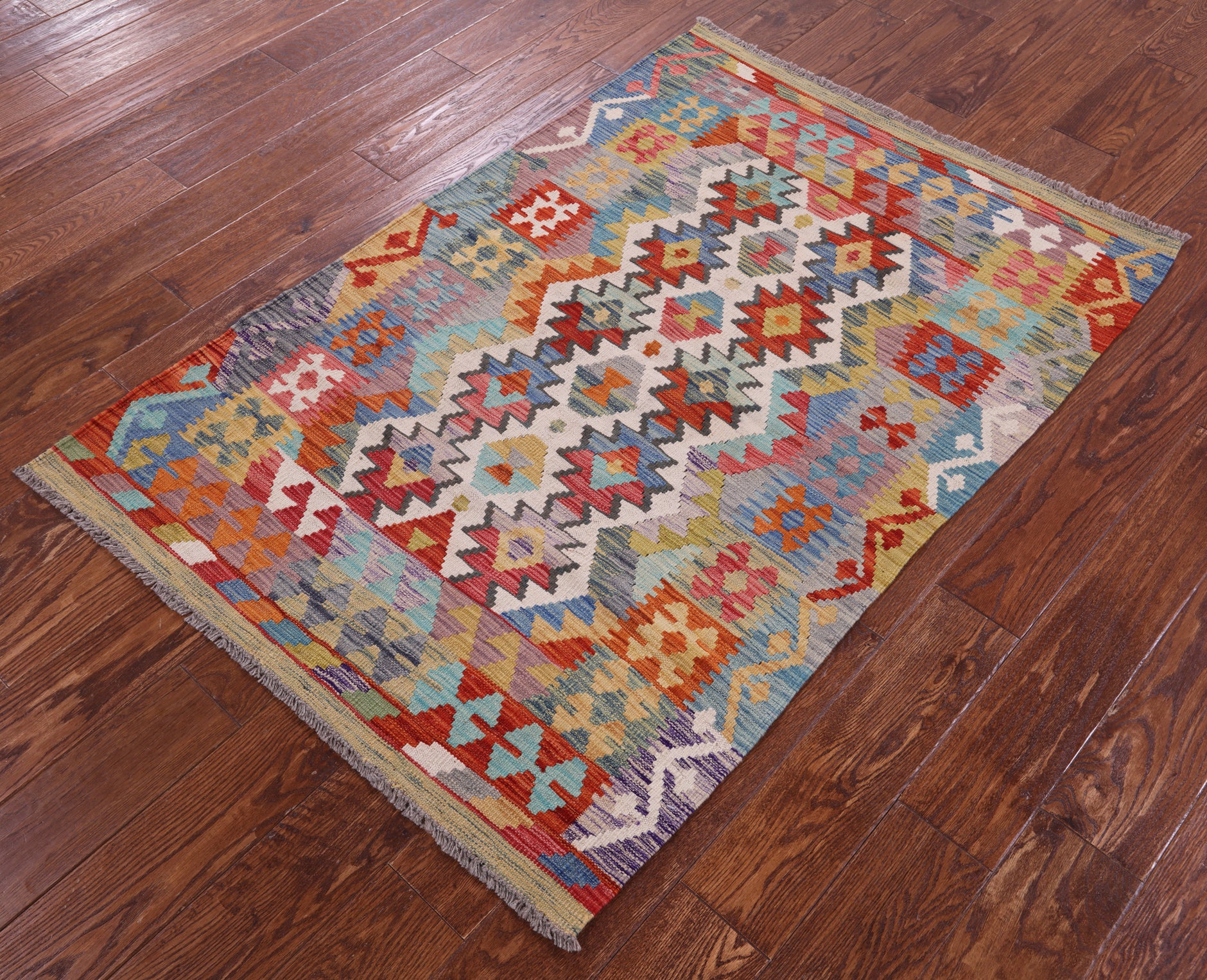 Reversible Kilim Flat Weave Wool On Wool Rug - 3' 4" X 4' 10" - Golden Nile