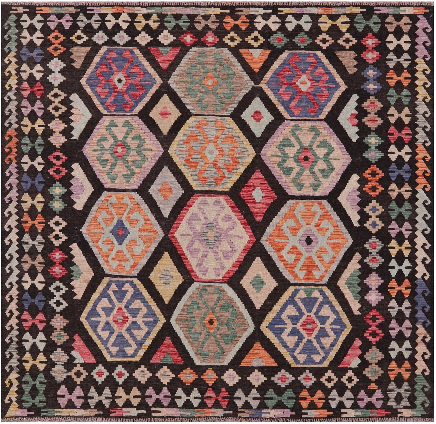 Reversible Kilim Flat Weave Wool On Wool Rug - 6' 3" X 6' 7" - Golden Nile