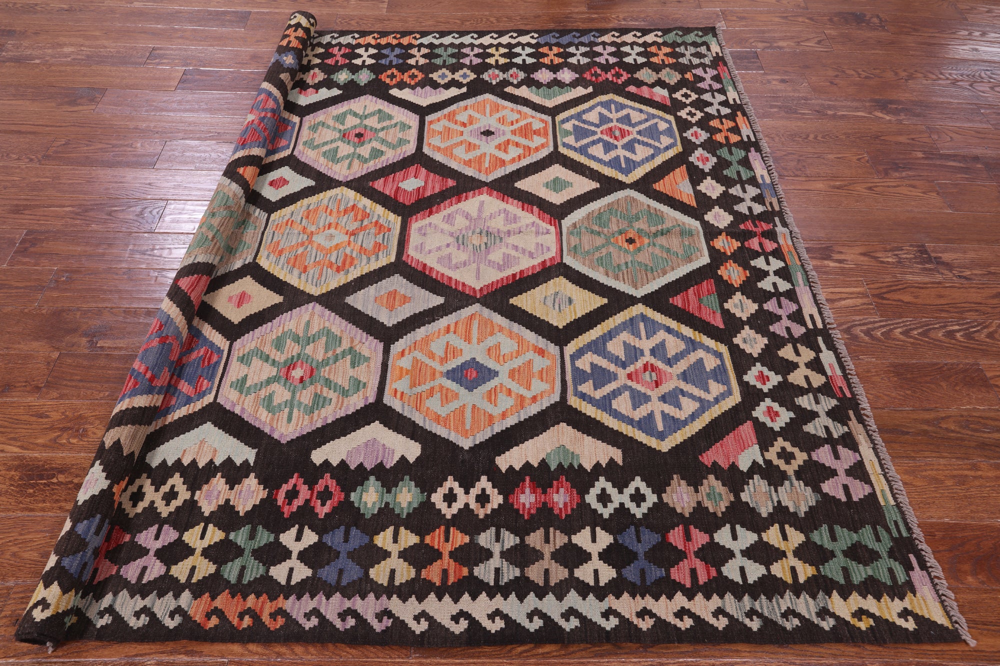 Reversible Kilim Flat Weave Wool On Wool Rug - 6' 3" X 6' 7" - Golden Nile
