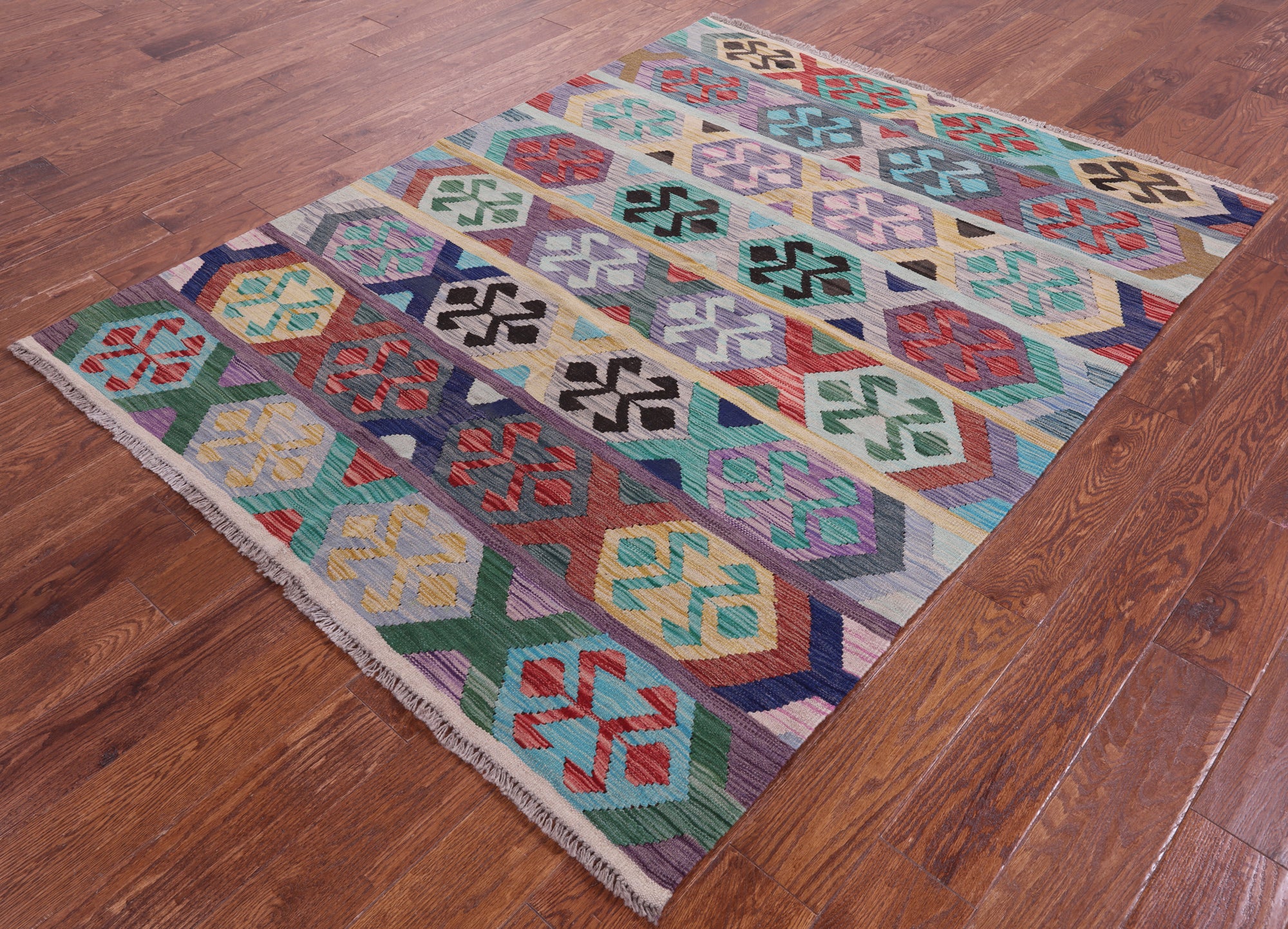 Reversible Kilim Flat Weave Wool On Wool Rug - 5' 0" X 6' 5" - Golden Nile