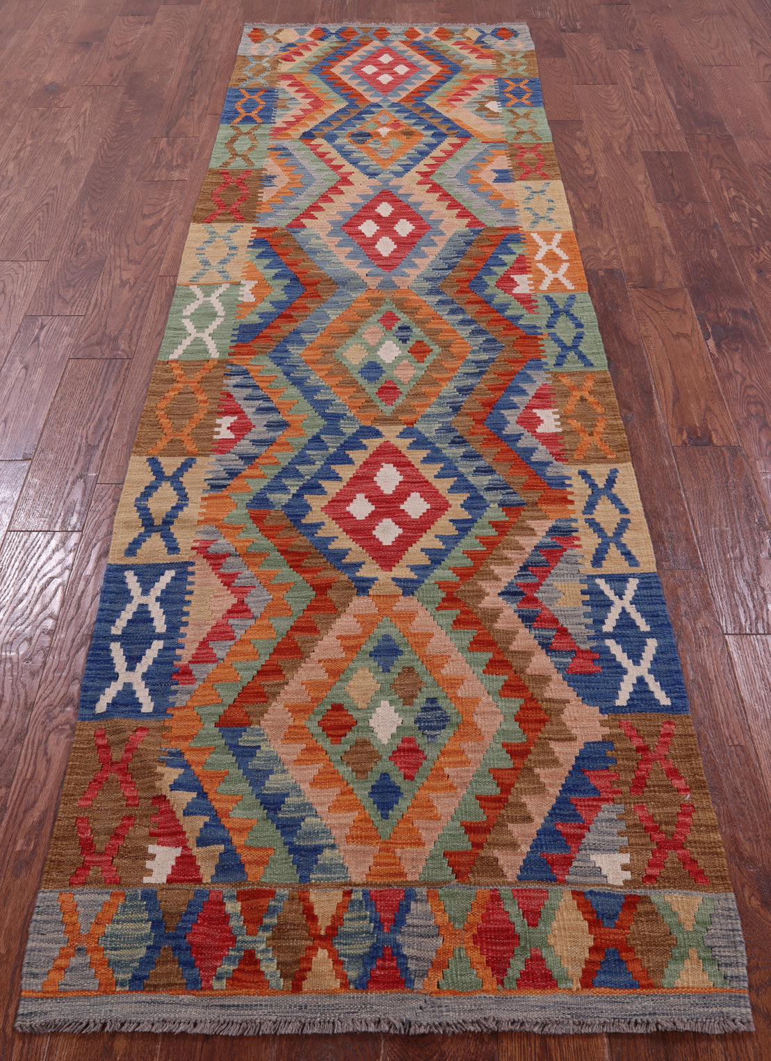 Reversible Kilim Flat Weave Wool On Wool Runner Rug - 2' 10" X 10' 2" - Golden Nile
