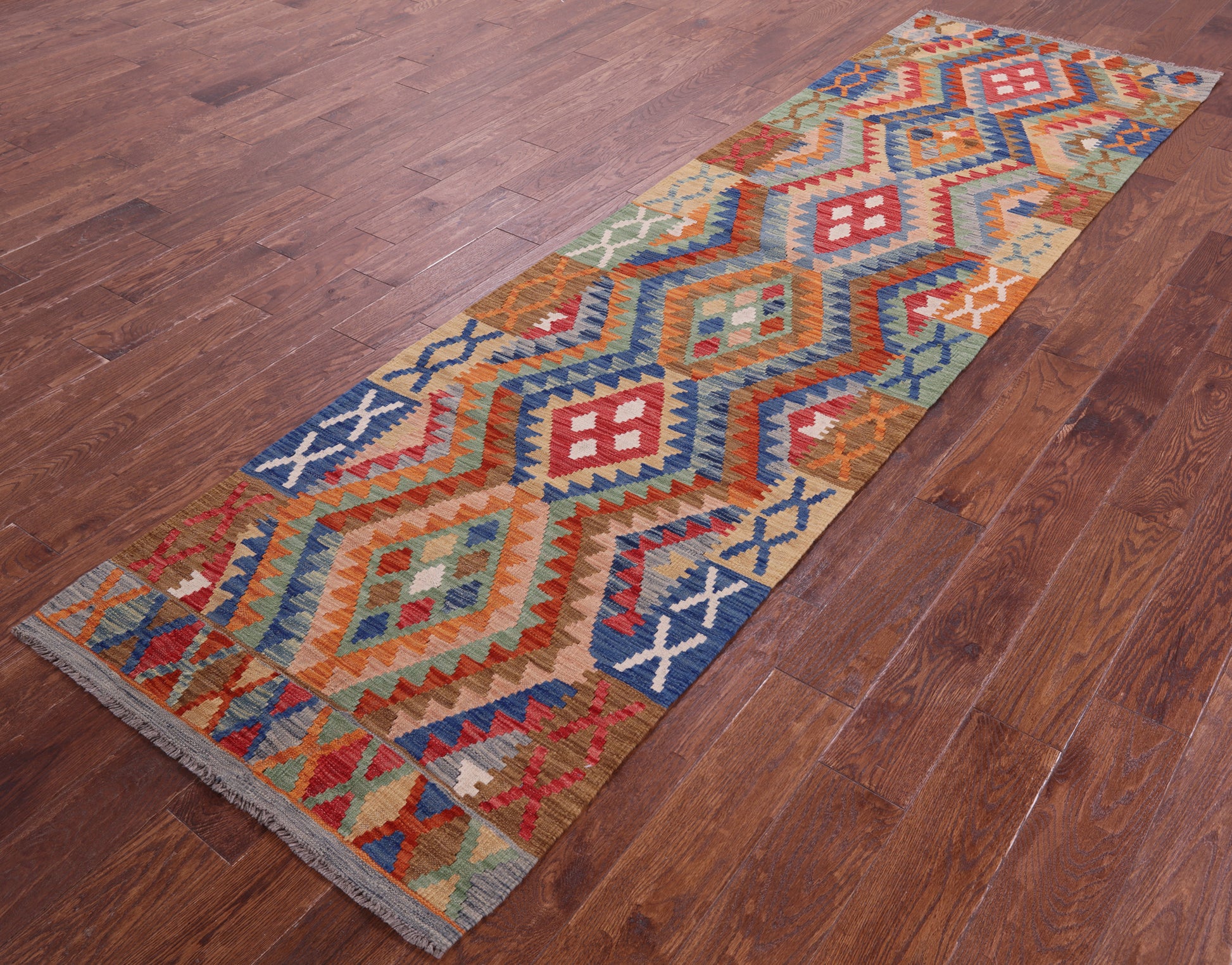Reversible Kilim Flat Weave Wool On Wool Runner Rug - 2' 10" X 10' 2" - Golden Nile