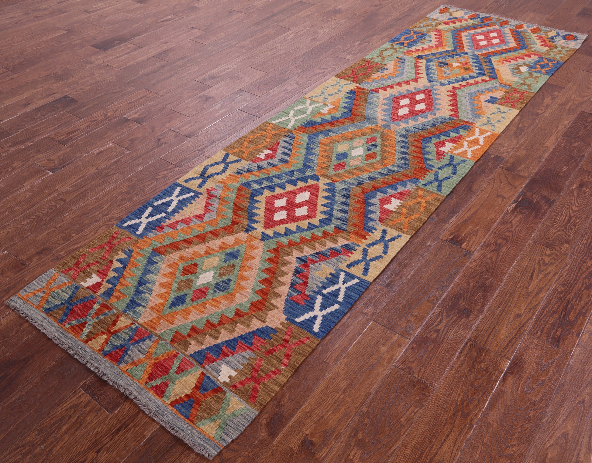 Reversible Kilim Flat Weave Wool On Wool Runner Rug - 2' 10" X 10' 2" - Golden Nile