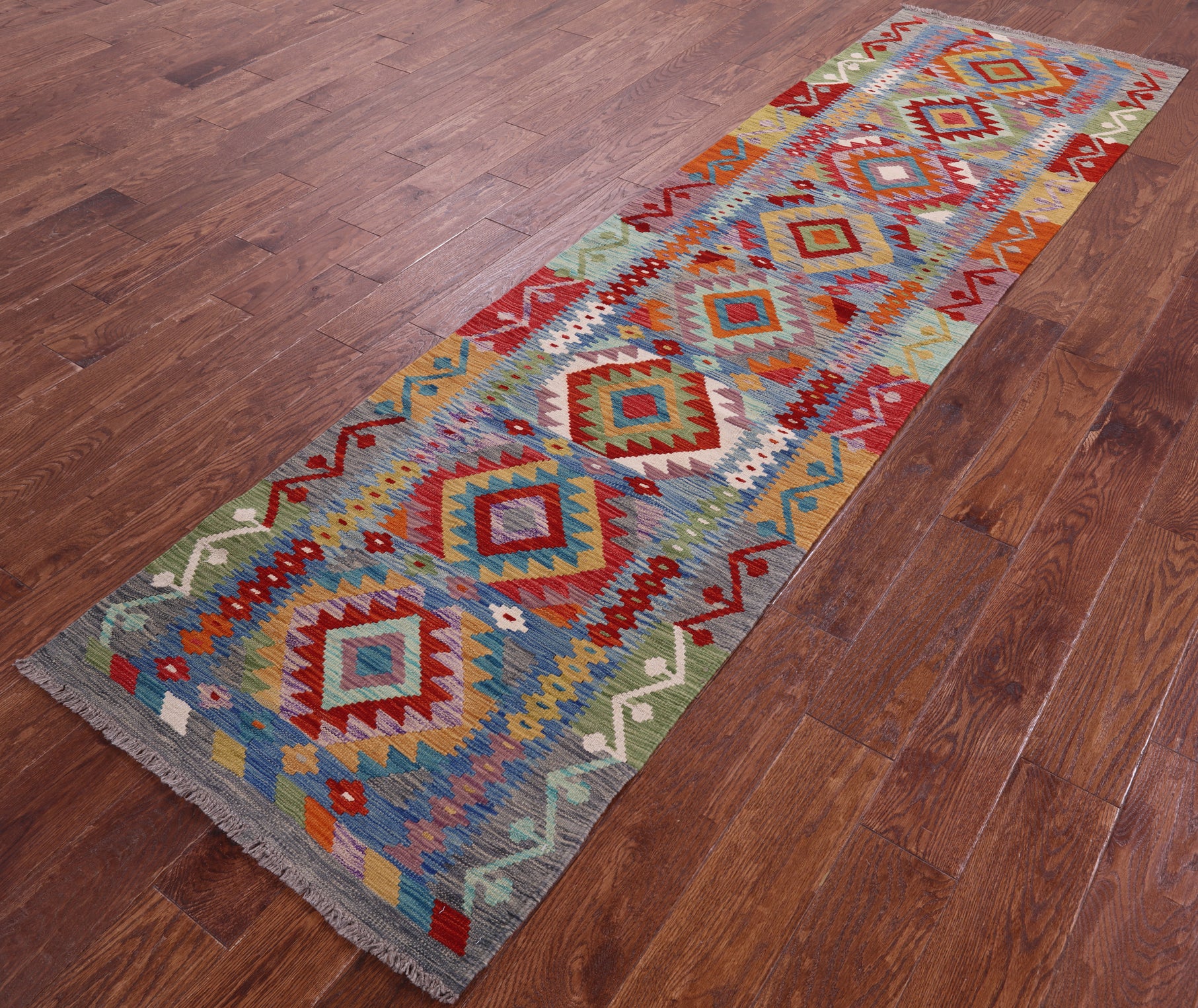Reversible Kilim Flat Weave Wool On Wool Runner Rug - 2' 7" X 9' 6" - Golden Nile