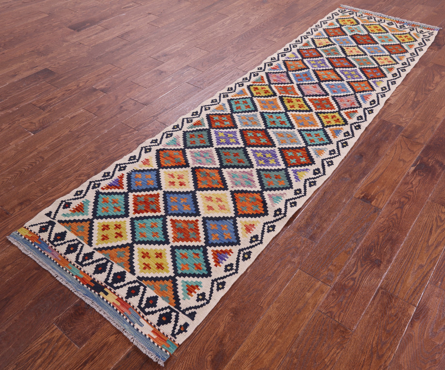 Reversible Kilim Flat Weave Wool On Wool Runner Rug - 2' 7" X 9' 6" - Golden Nile