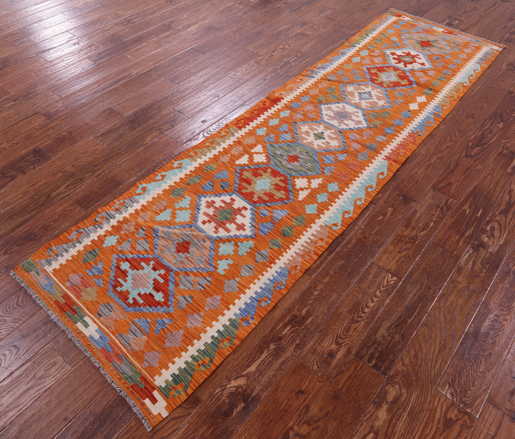 Reversible Kilim Flat Weave Wool On Wool Runner Rug - 2' 7" X 9' 9" - Golden Nile