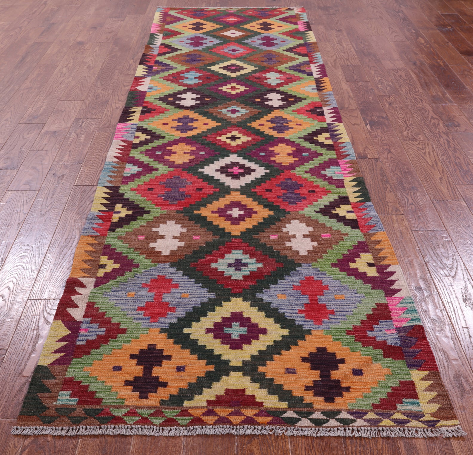 Reversible Kilim Flat Weave Wool On Wool Runner Rug - 3' 7" X 12' 7" - Golden Nile