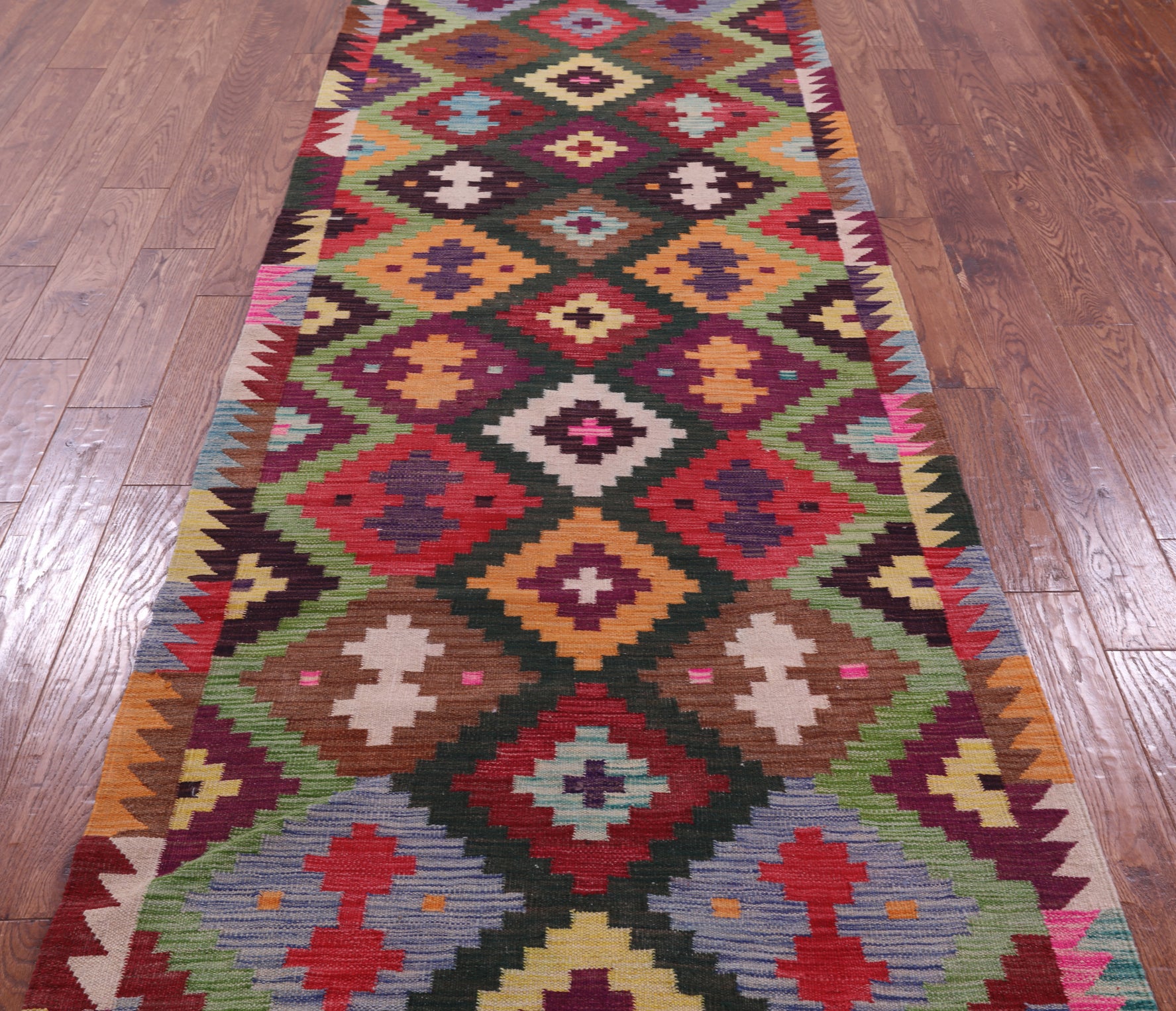 Reversible Kilim Flat Weave Wool On Wool Runner Rug - 3' 7" X 12' 7" - Golden Nile
