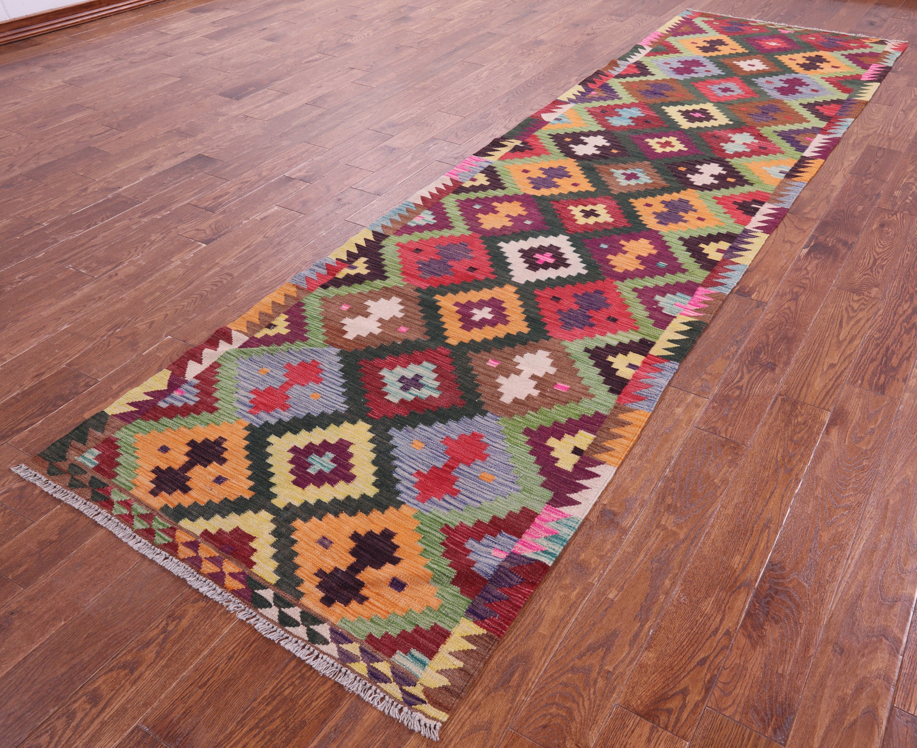 Reversible Kilim Flat Weave Wool On Wool Runner Rug - 3' 7" X 12' 7" - Golden Nile