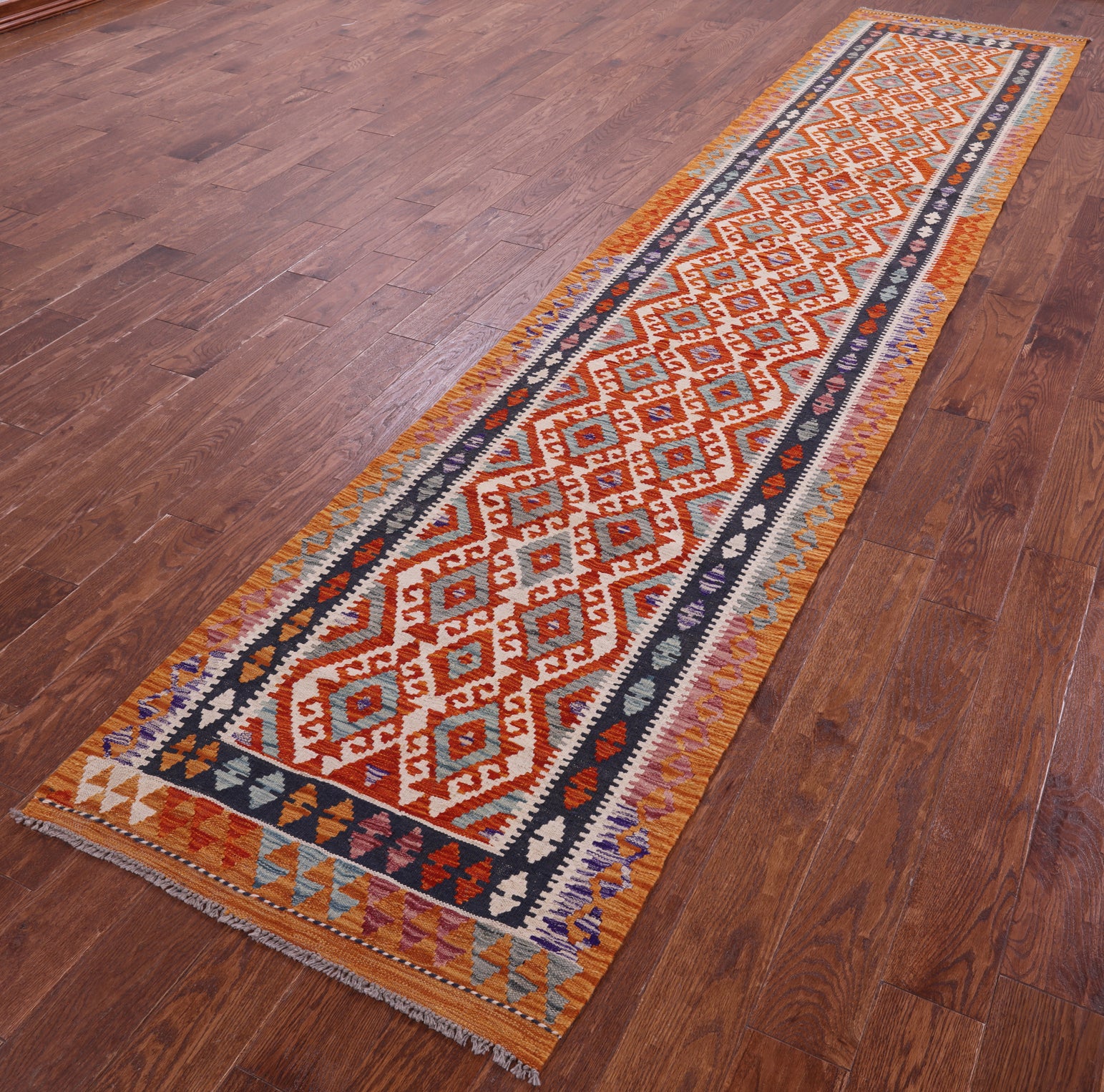 Reversible Kilim Flat Weave Wool On Wool Runner Rug - 2' 9" X 13' 4" - Golden Nile