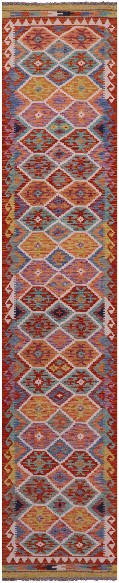 Reversible Kilim Flat Weave Wool On Wool Runner Rug - 2' 7" X 13' 2" - Golden Nile