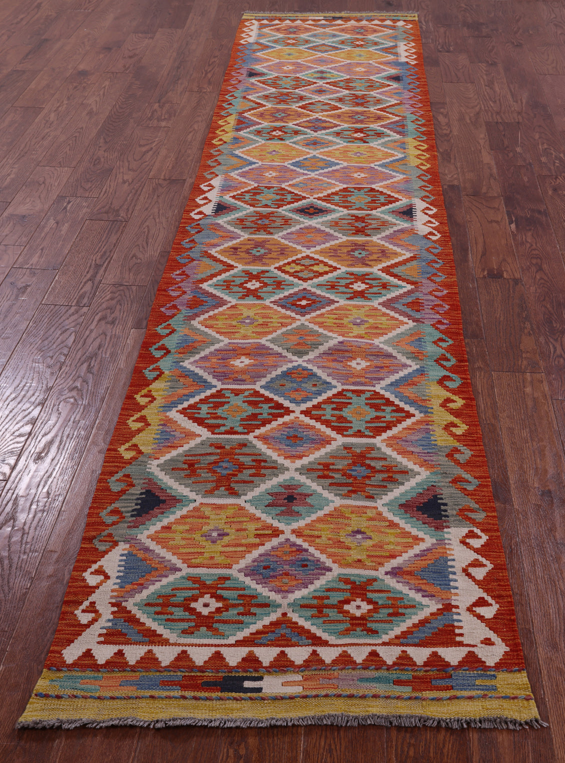 Reversible Kilim Flat Weave Wool On Wool Runner Rug - 2' 7" X 13' 2" - Golden Nile