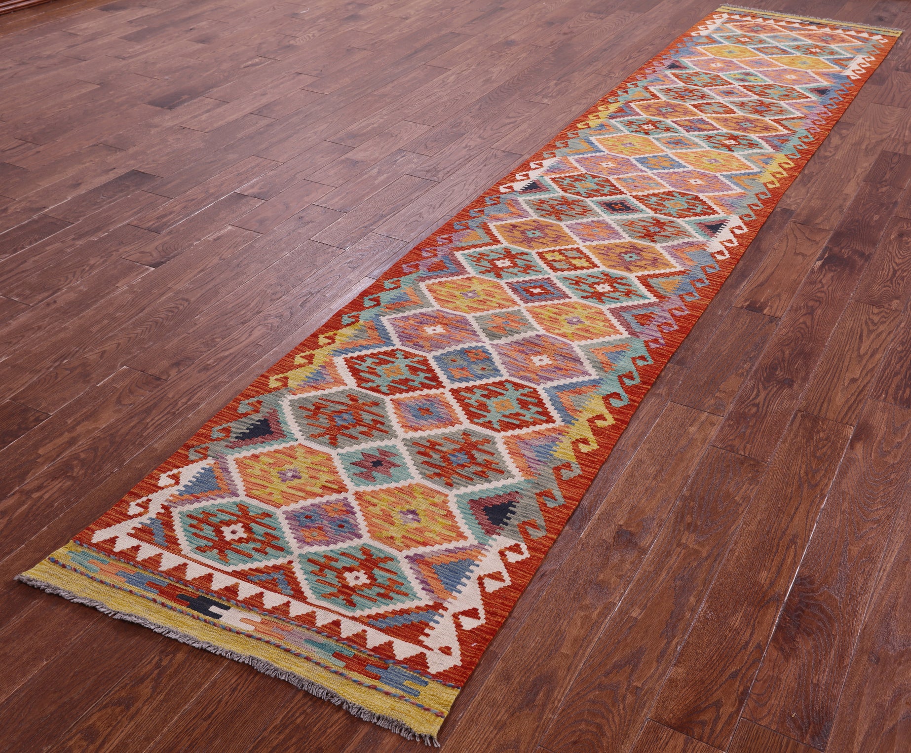 Reversible Kilim Flat Weave Wool On Wool Runner Rug - 2' 7" X 13' 2" - Golden Nile