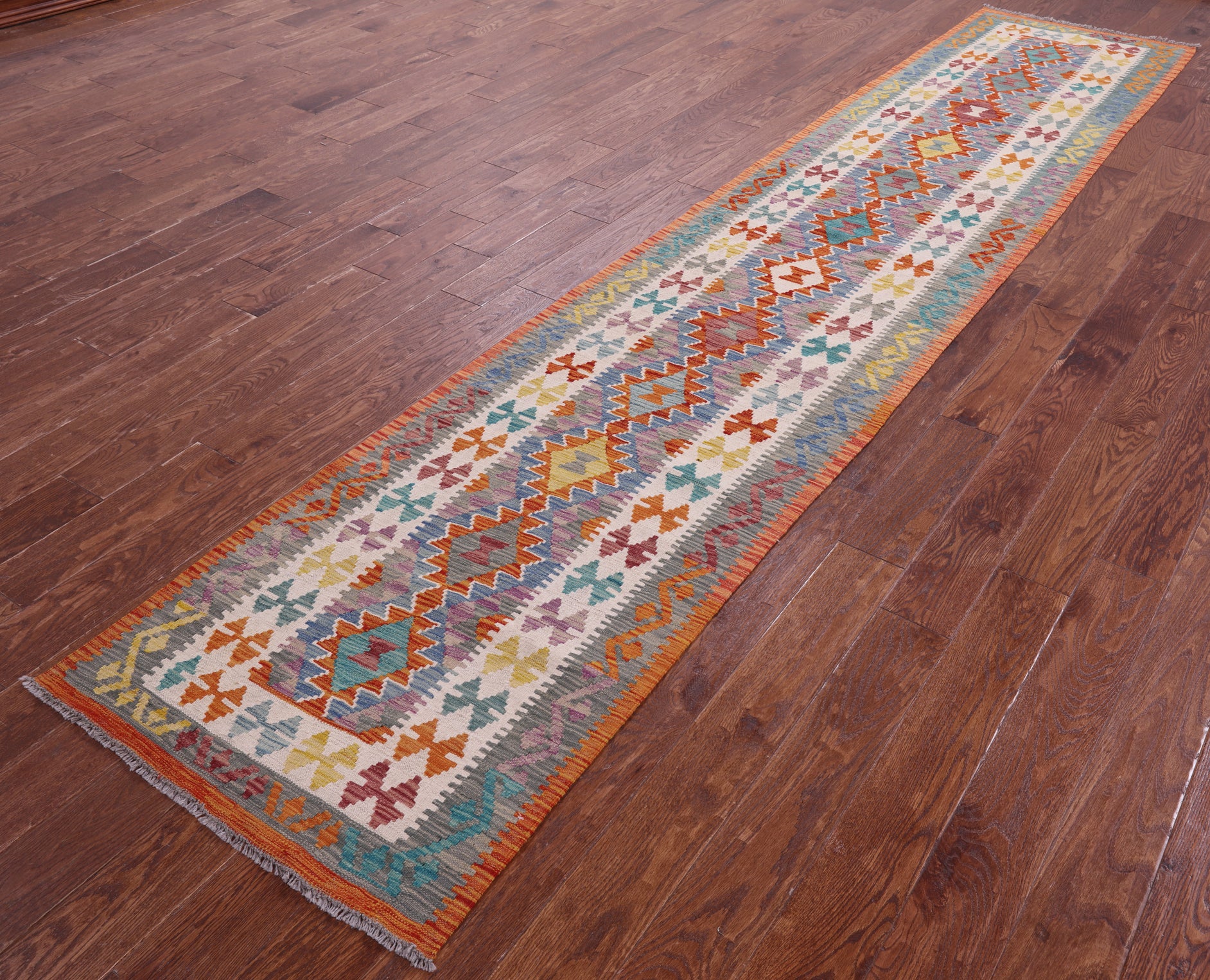 Reversible Kilim Flat Weave Wool On Wool Runner Rug - 2' 6" X 13' 0" - Golden Nile