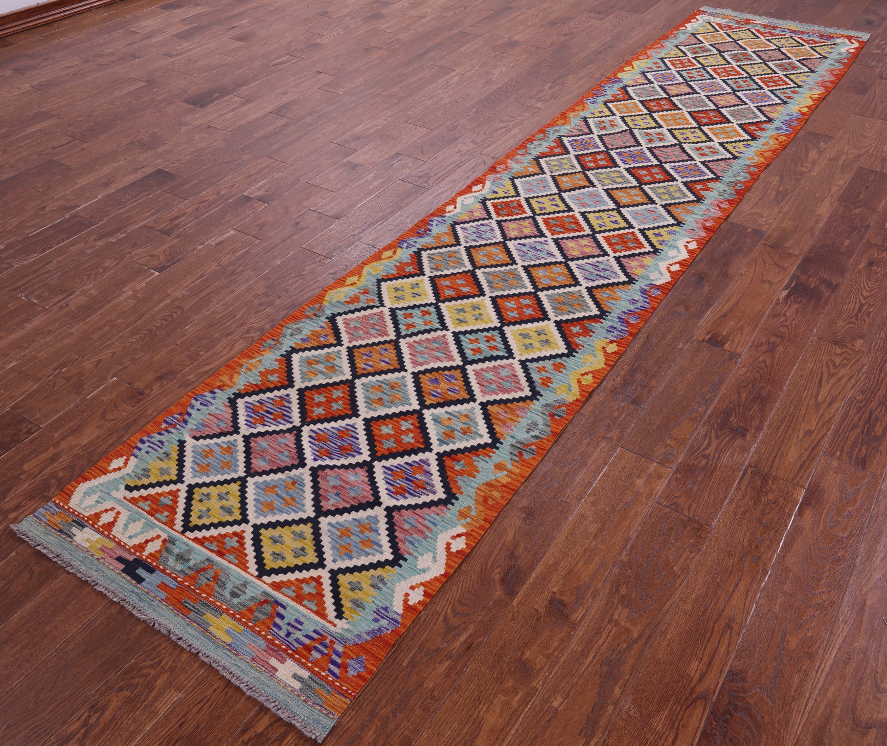 Reversible Kilim Flat Weave Wool On Wool Runner Rug - 2' 7" X 12' 7" - Golden Nile