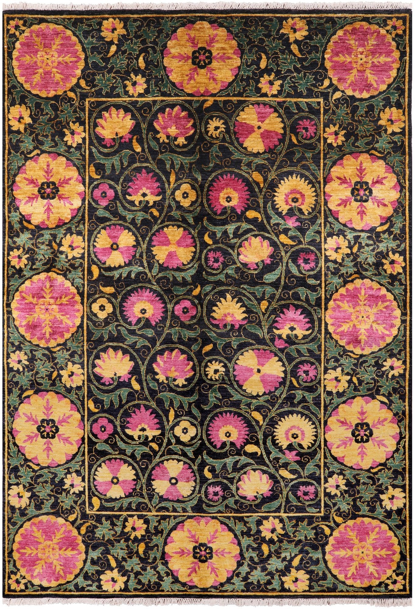 Black William Morris Handmade Wool Area Rug - 6' 2" X 9' 1" - Golden Nile